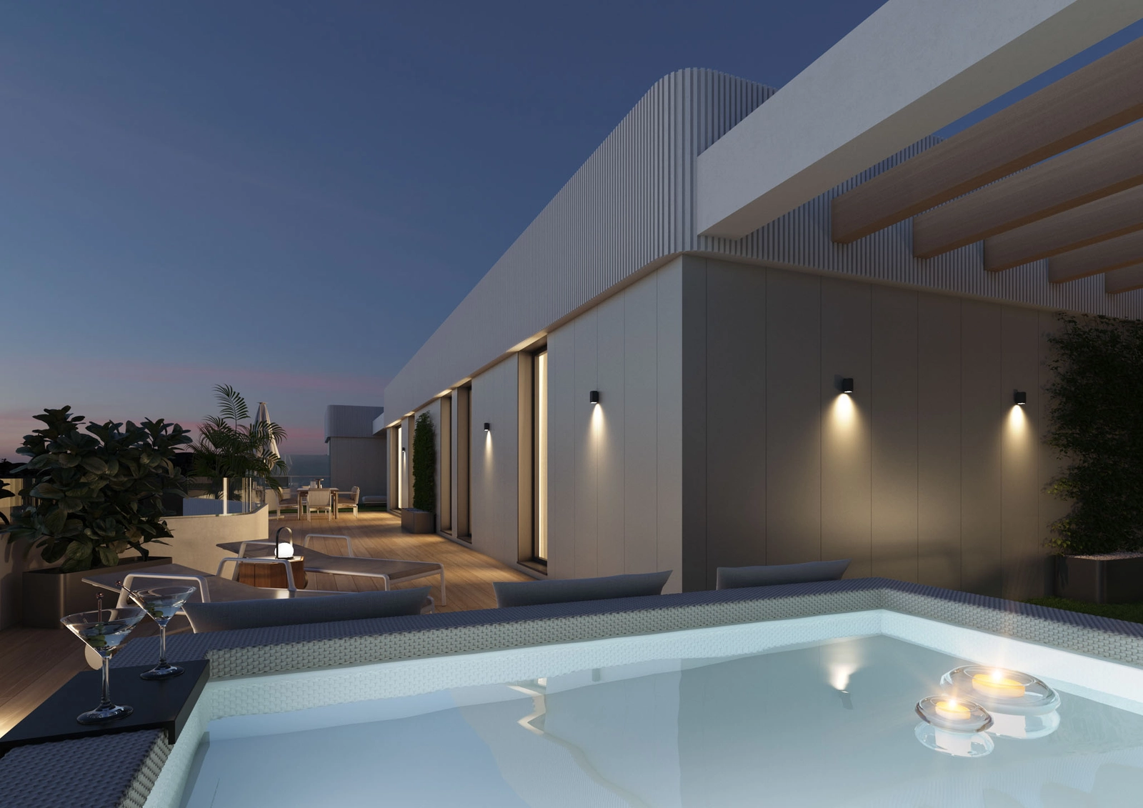Enjoy the sunset from your private rooftop pool, a perfect retreat for relaxation.