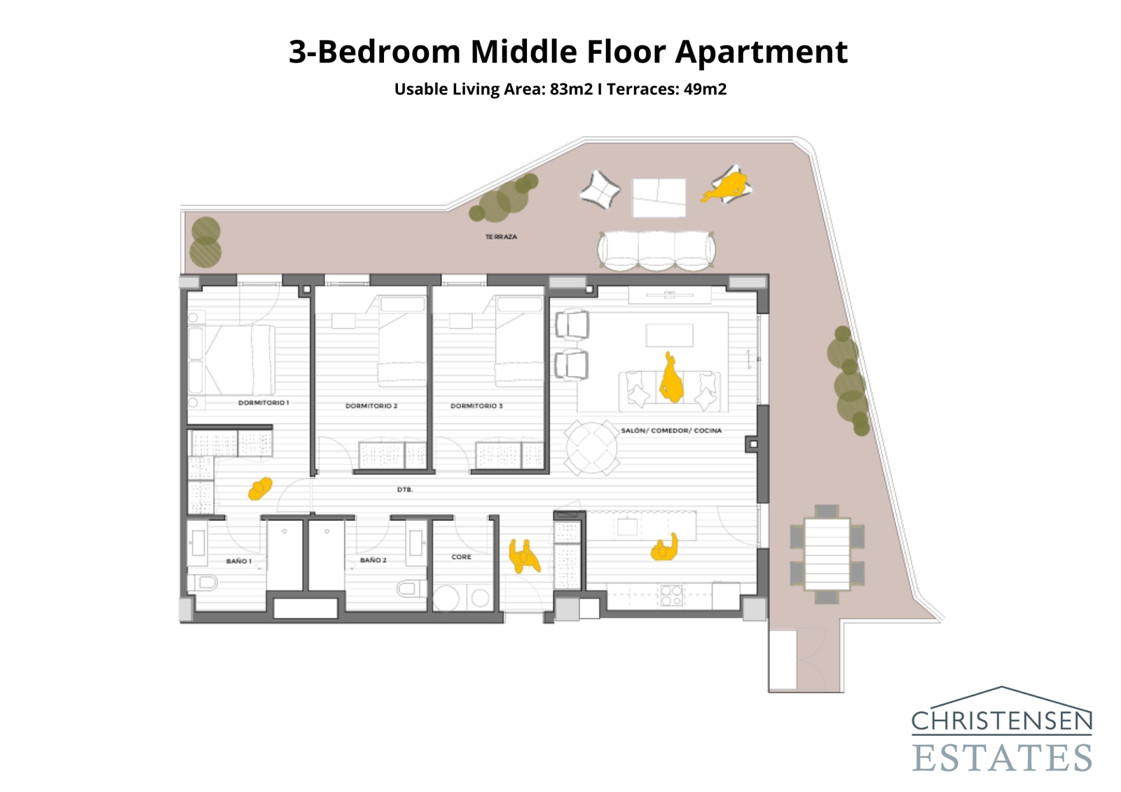 A spacious three-bedroom floor plan showing the excellent distribution of space and large terrace area for family enjoyment.