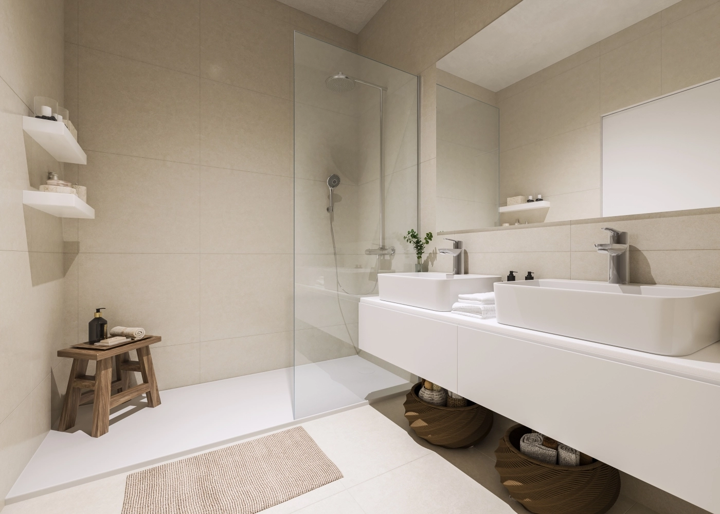 A stylish and modern bathroom with high-quality fixtures, offering a clean and serene ambiance.