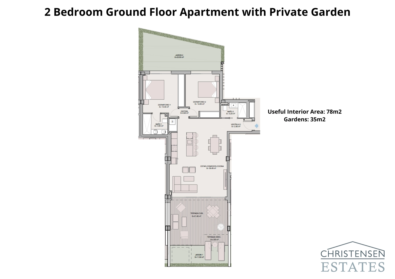 This two-bedroom ground floor layout features a generous private garden, seamlessly extending the living space outdoors.