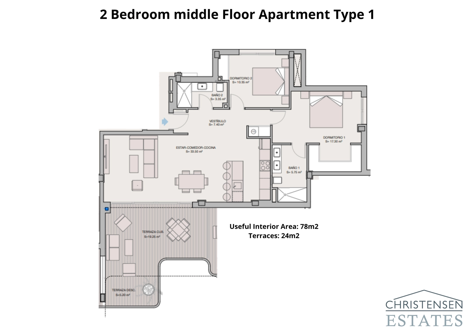 An intelligently designed two-bedroom apartment plan that maximizes space and natural light, complete with a spacious terrace.