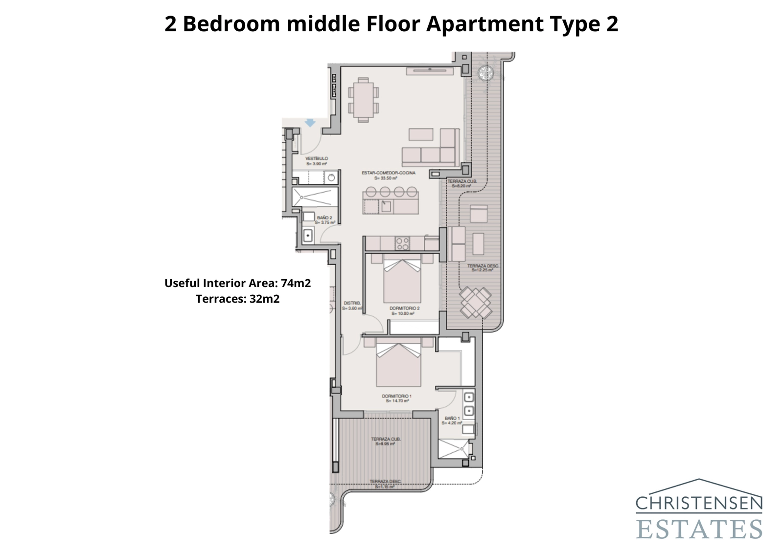 A well-proportioned two-bedroom floor plan offering comfortable living areas and multiple terraces to enjoy the climate.