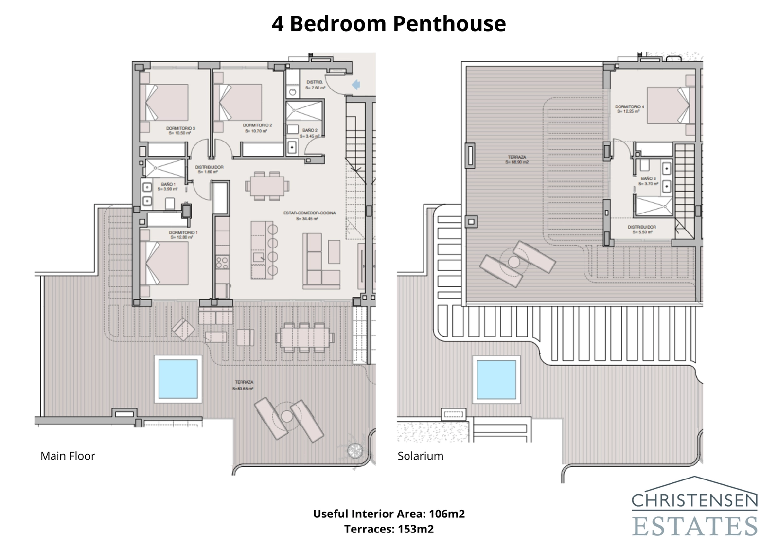 The expansive four-bedroom penthouse layout is spread over two floors, featuring vast terraces and a solarium for the ultimate luxury lifestyle.