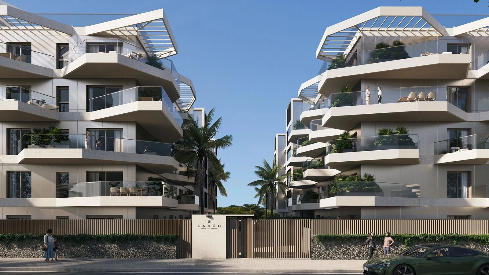 A view of the striking architectural design, where innovative forms and expansive terraces create a landmark of modern luxury living.