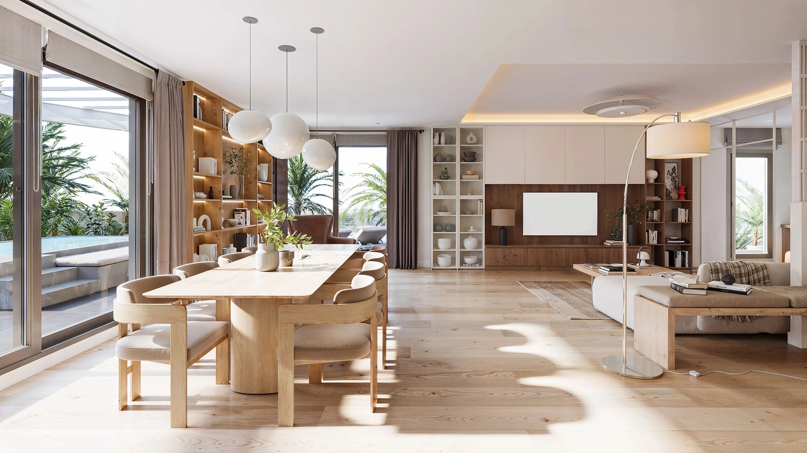 Sunlight streams into an impeccably designed living space, offering a seamless transition to your private terrace and personal pool.