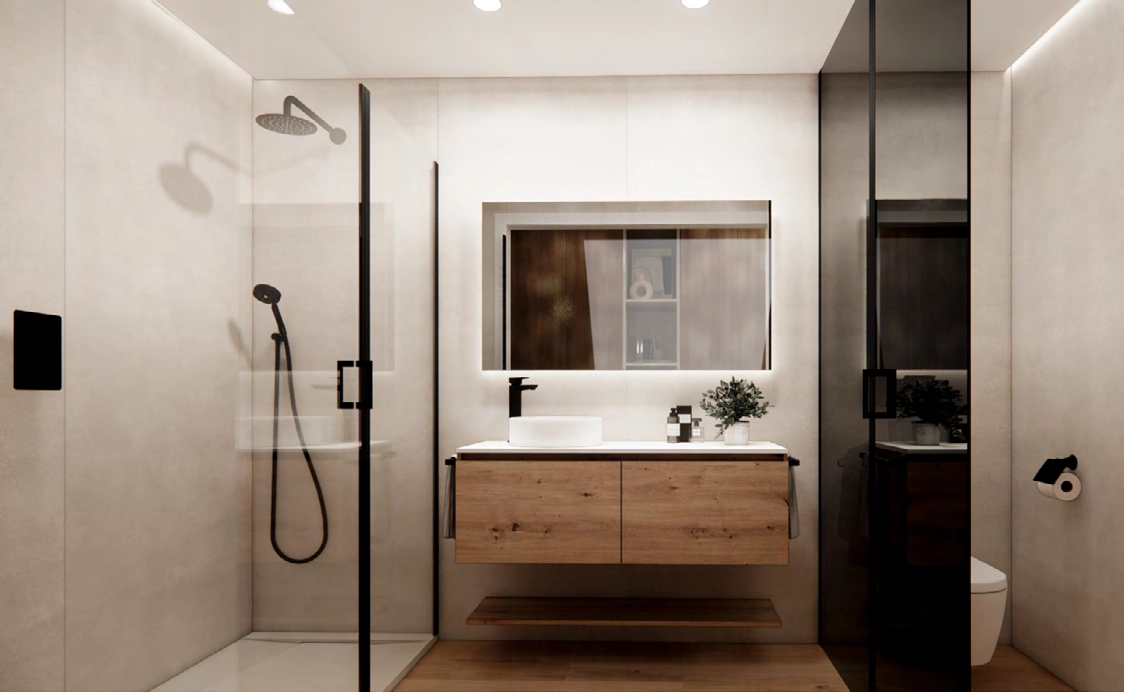 Experience the refinement of a master bathroom, where premium materials and contemporary fixtures create a spa-like sanctuary.