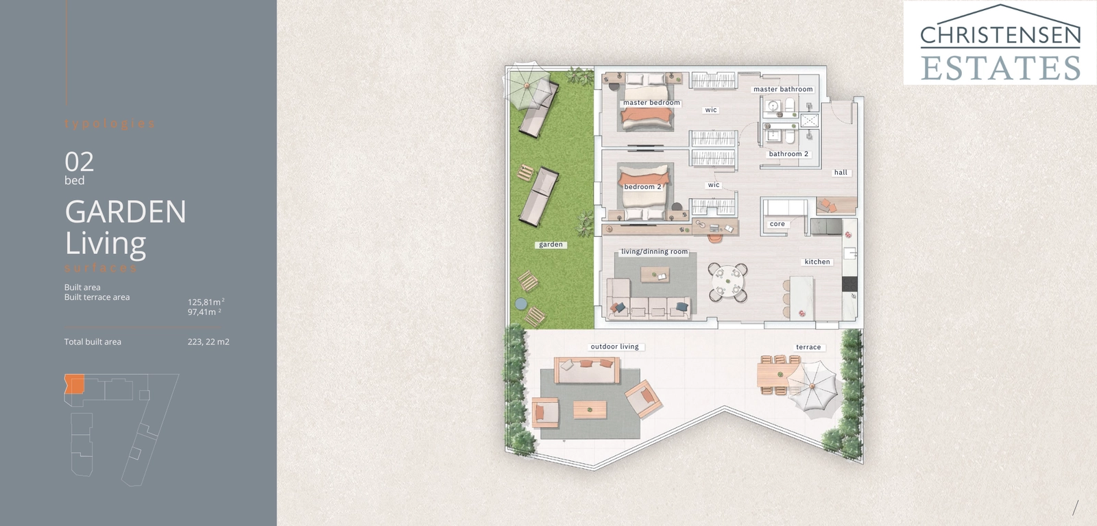 The 'Garden Living' residence offers a unique connection to nature, with two bedrooms flowing seamlessly into a vast private garden and terrace area.