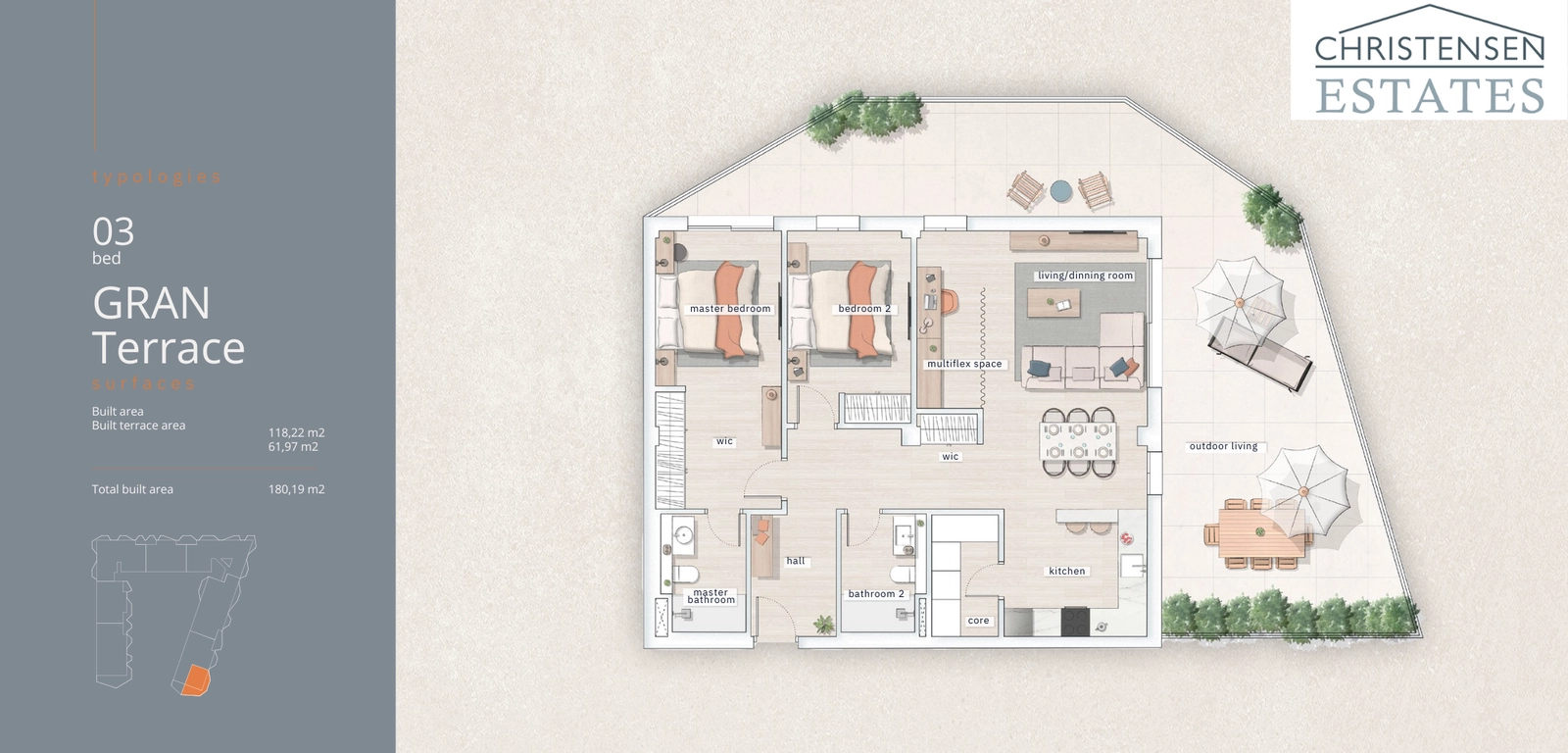 An alternative 3-bedroom 'Gran Terrace' configuration showcases versatile living spaces and a carefully considered flow, perfect for a contemporary lifestyle.