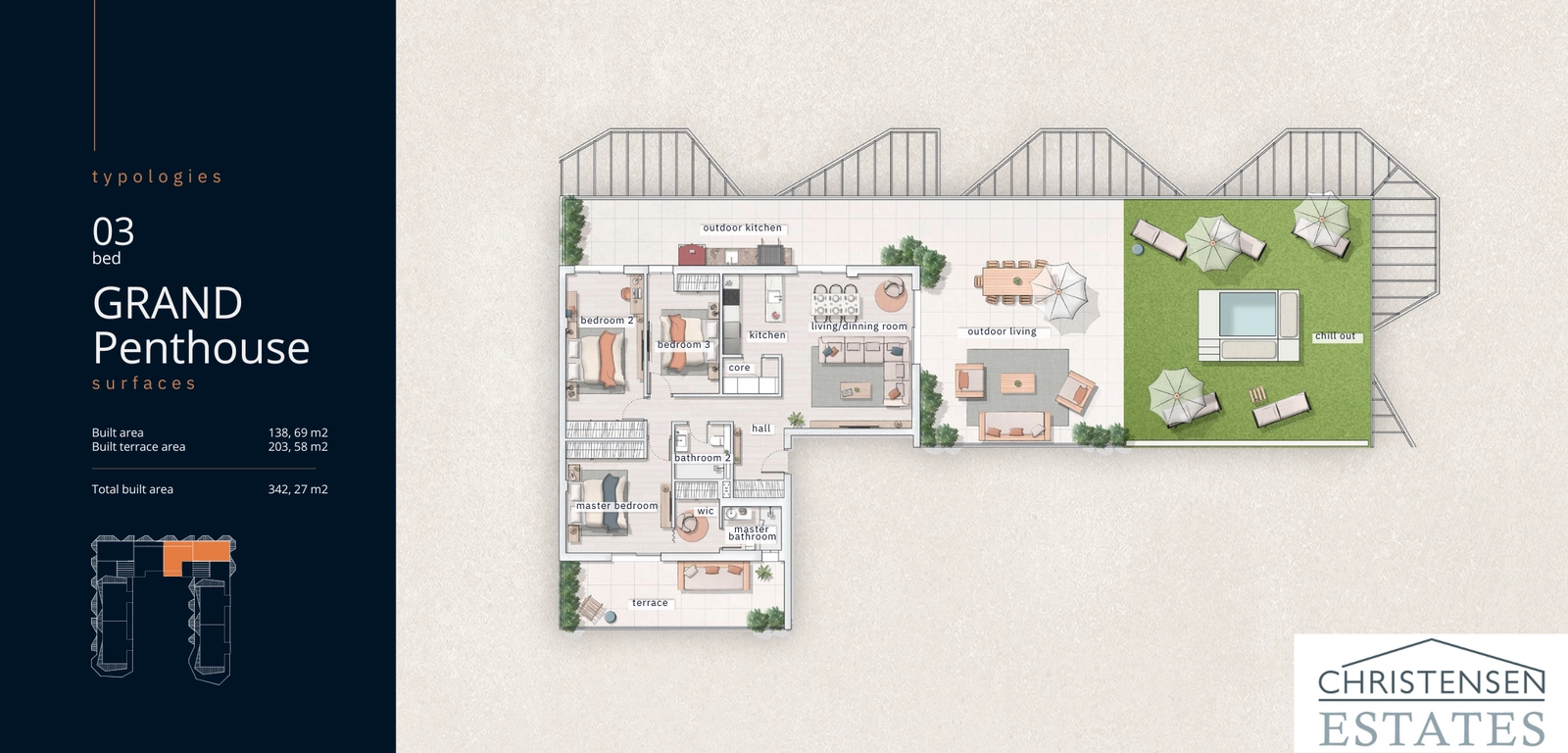 Ascend to the pinnacle of luxury with this 3-bedroom 'Grand Penthouse' layout, featuring a spectacular rooftop terrace with a private pool and outdoor kitchen.