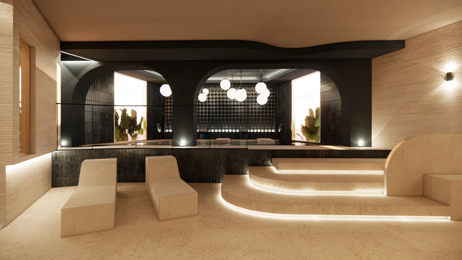 The indoor spa provides a tranquil escape, featuring a heated pool and wellness facilities for ultimate relaxation.