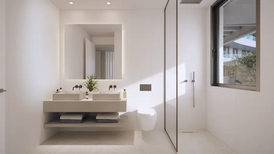 A sophisticated main bathroom featuring premium materials and a modern, clean design.