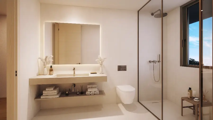 A clean and modern second bathroom featuring a spacious walk-in shower.