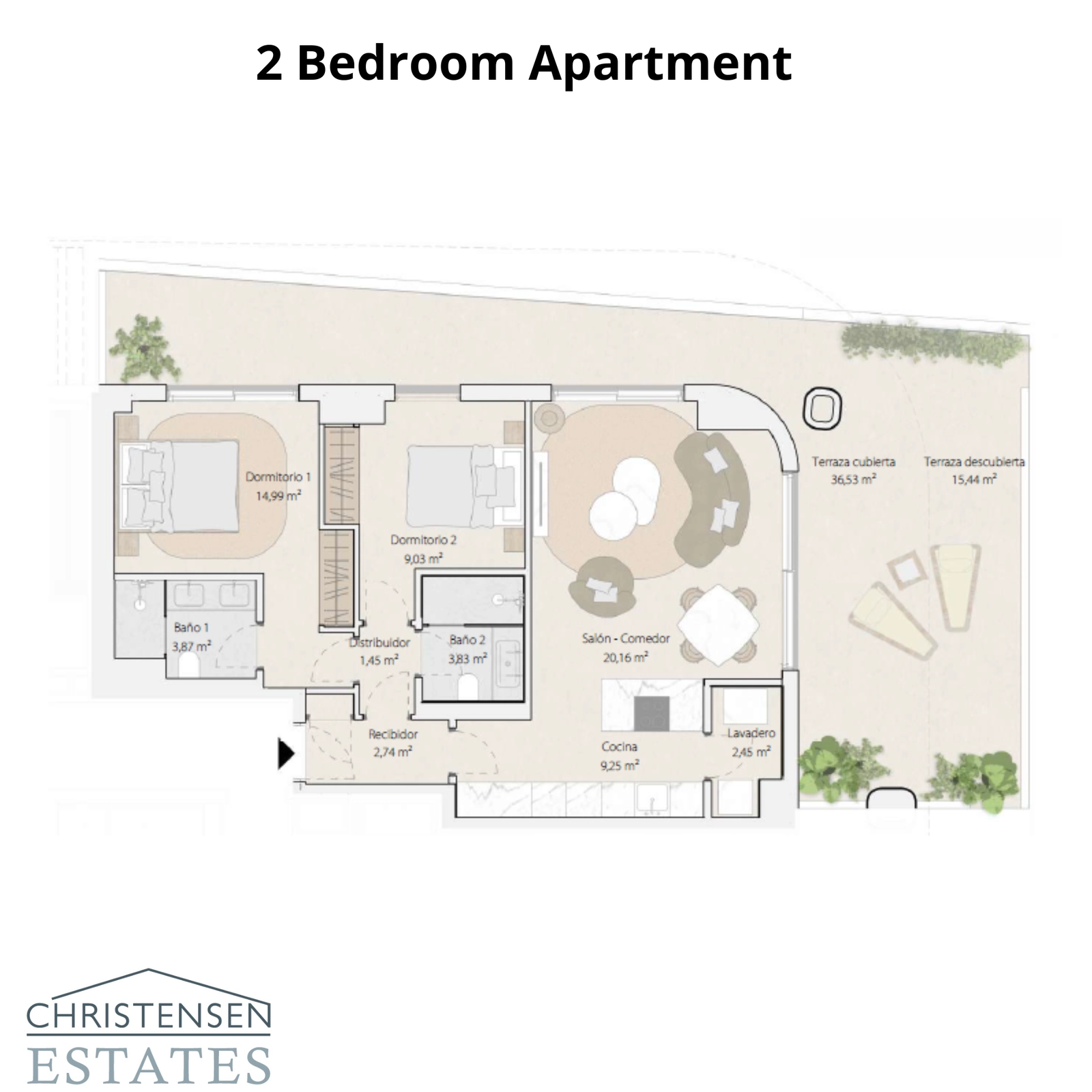 This two-bedroom floor plan features a smart layout that maximizes space and natural light, with a large private terrace.