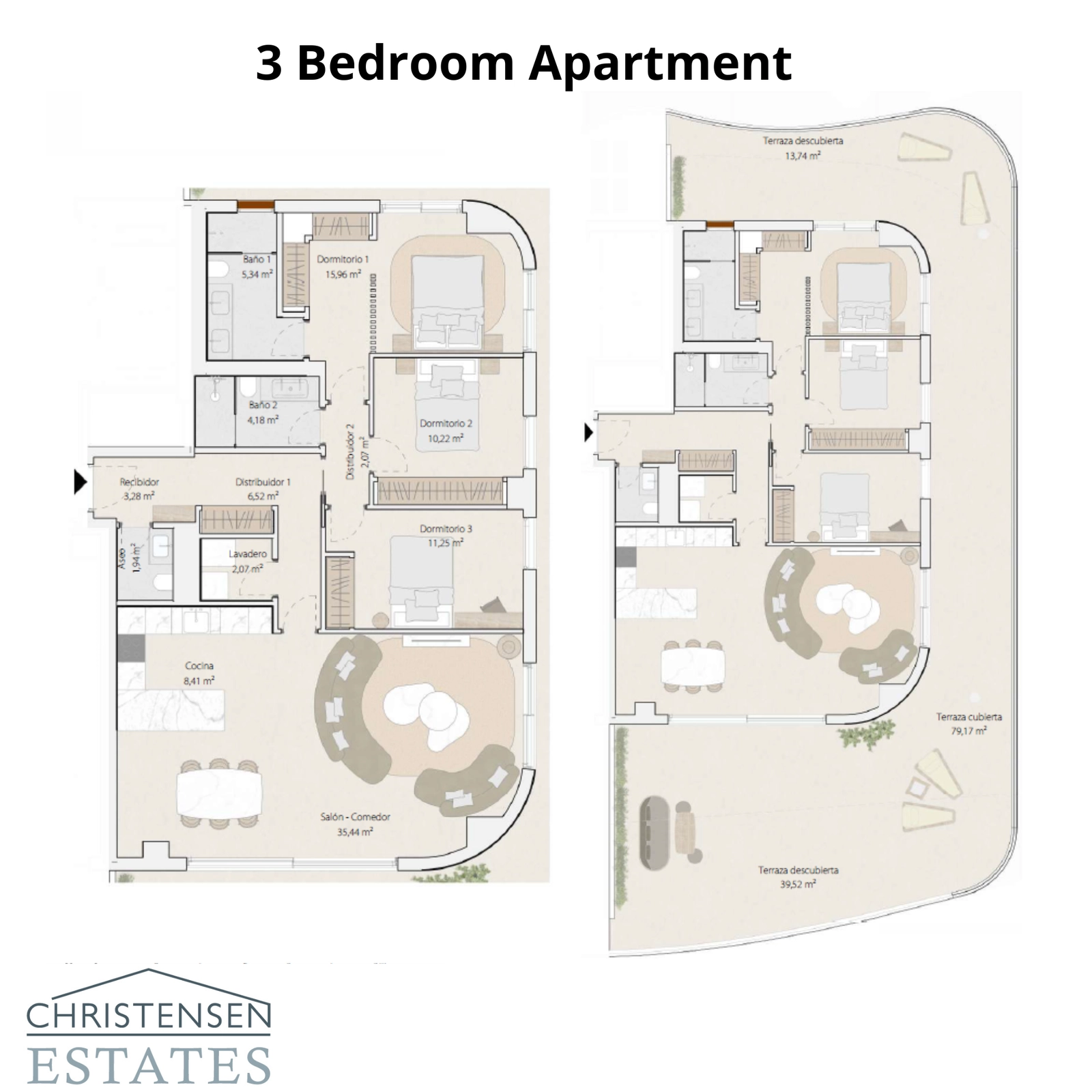 A spacious three-bedroom residence, offering ample living space for families and a fluid connection between indoor and outdoor areas.