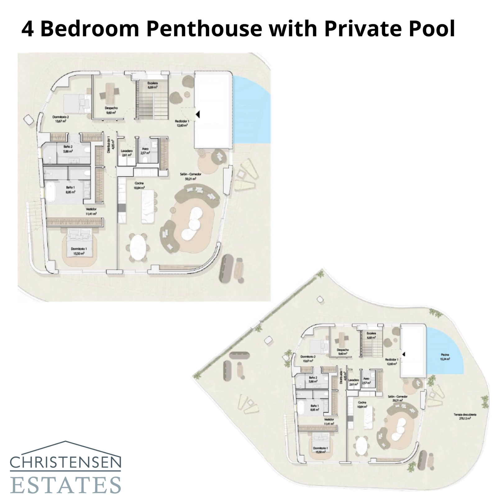 The layout for a spectacular four-bedroom penthouse, showcasing expansive living areas and an exclusive rooftop terrace with a private pool.