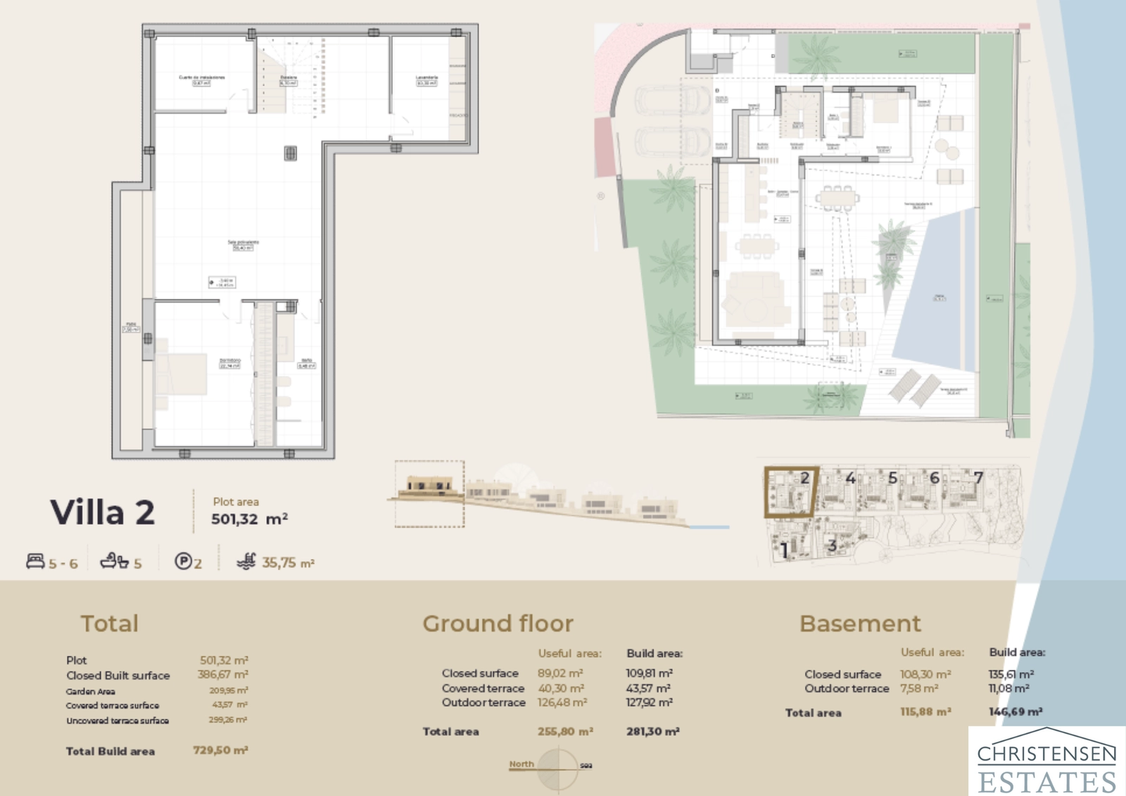 Layout of Villa 2, showing the spacious ground floor living areas and the versatile basement level.