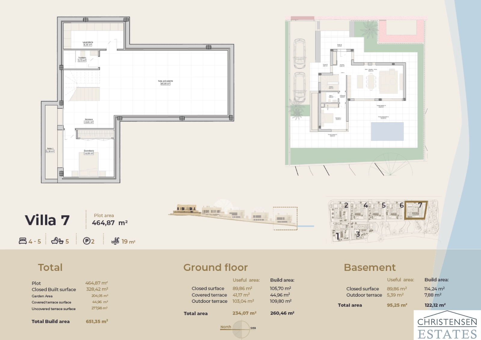 Floor plan for Villa 7, detailing the open-plan ground floor and the additional living space in the basement.