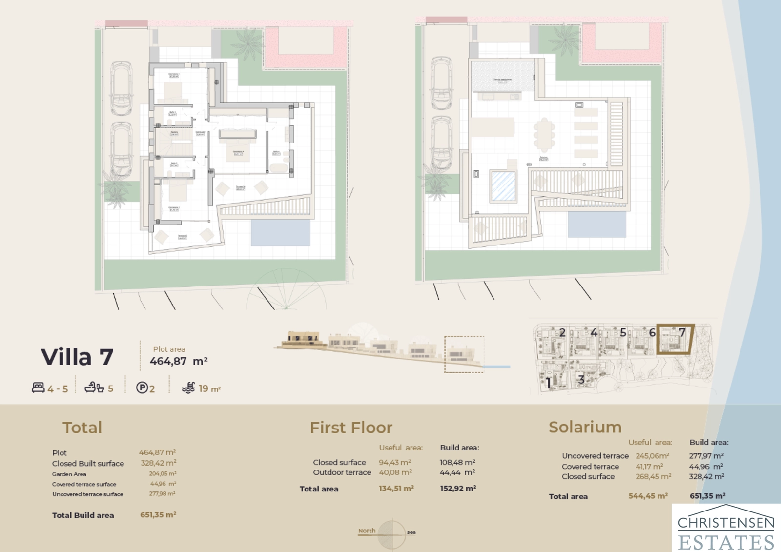 First floor and solarium plans for Villa 7, designed to maximize light, space, and outdoor enjoyment.