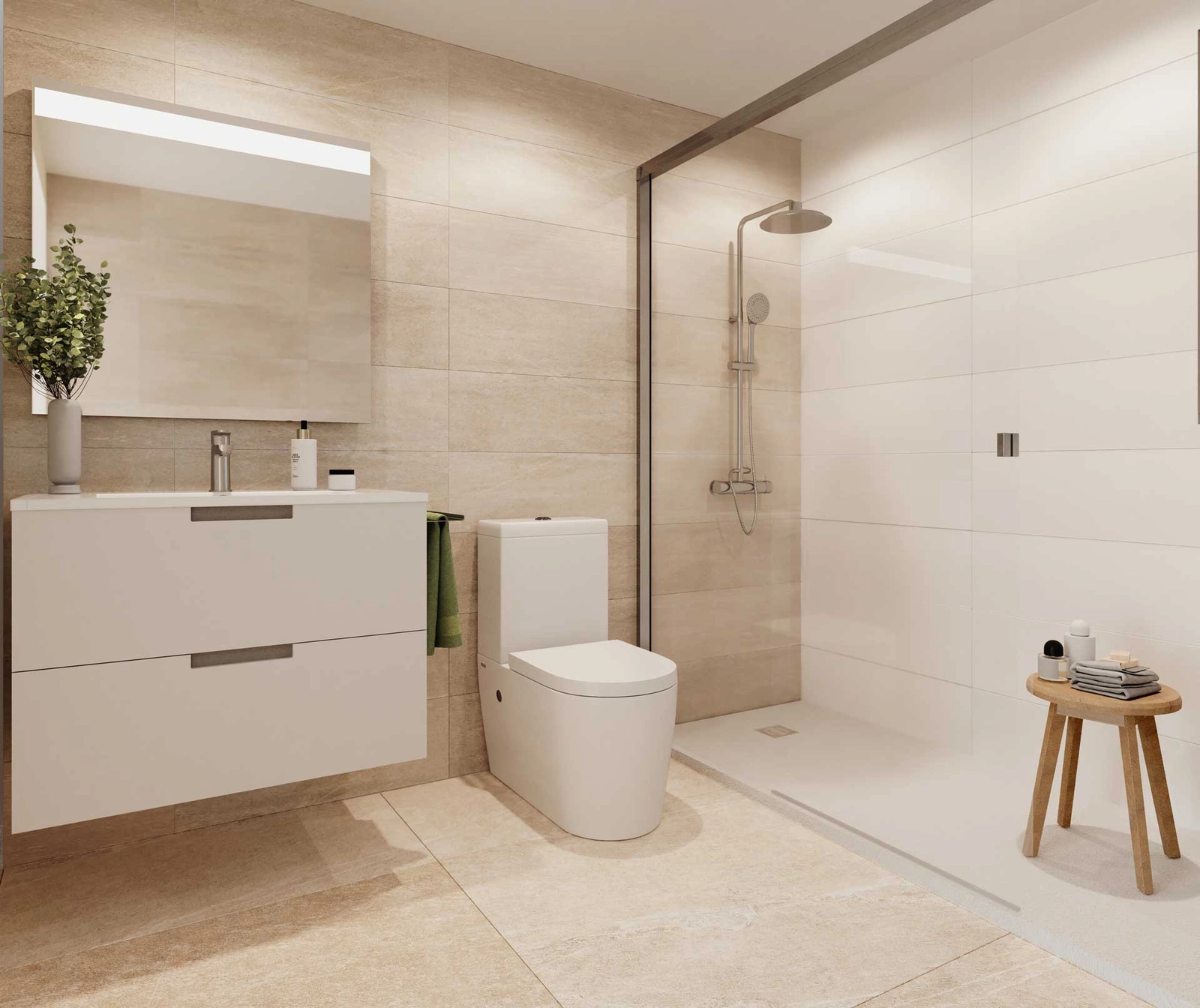 Contemporary bathrooms with top-quality fixtures, heated towel rails, and elegant finishes.