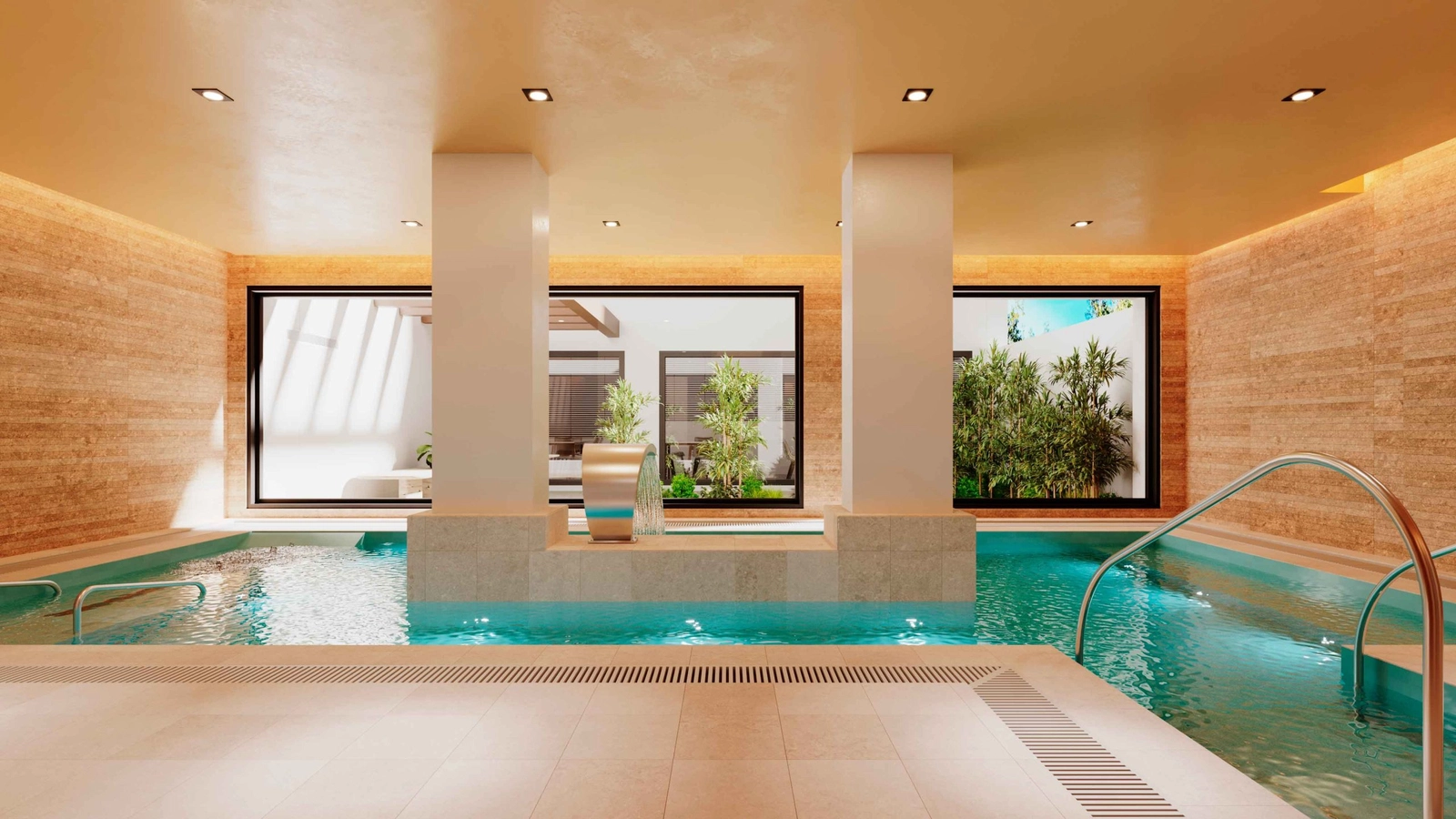 The indoor wellness area offers a heated pool, providing a perfect space for relaxation.