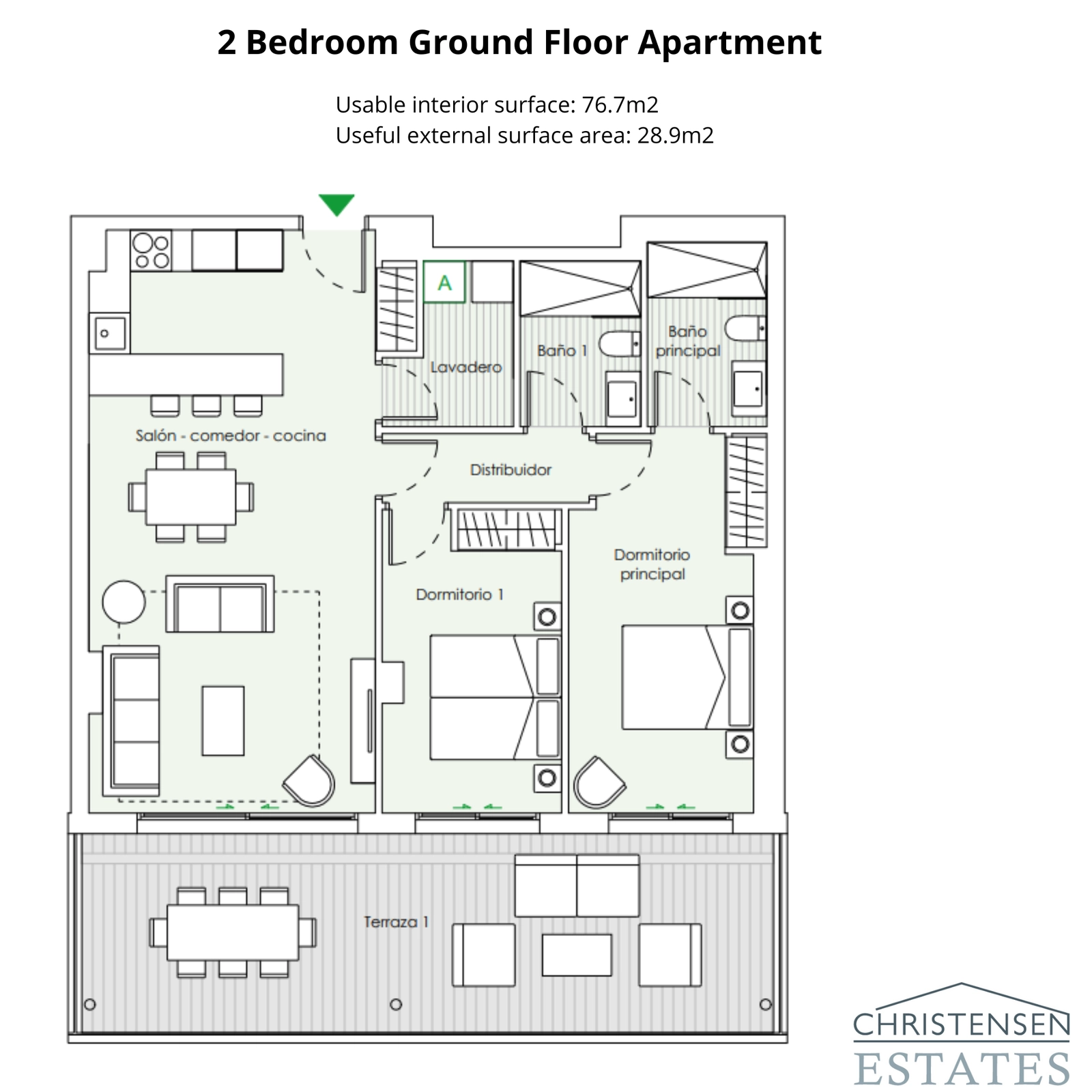 This two-bedroom ground-floor plan shows a practical layout with an open-plan living area that flows directly onto a generous terrace.