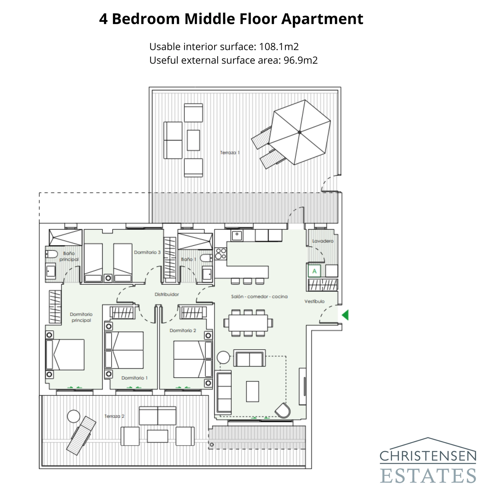An expansive four-bedroom apartment layout featuring two separate terraces, offering abundant outdoor space and privacy for the whole family.