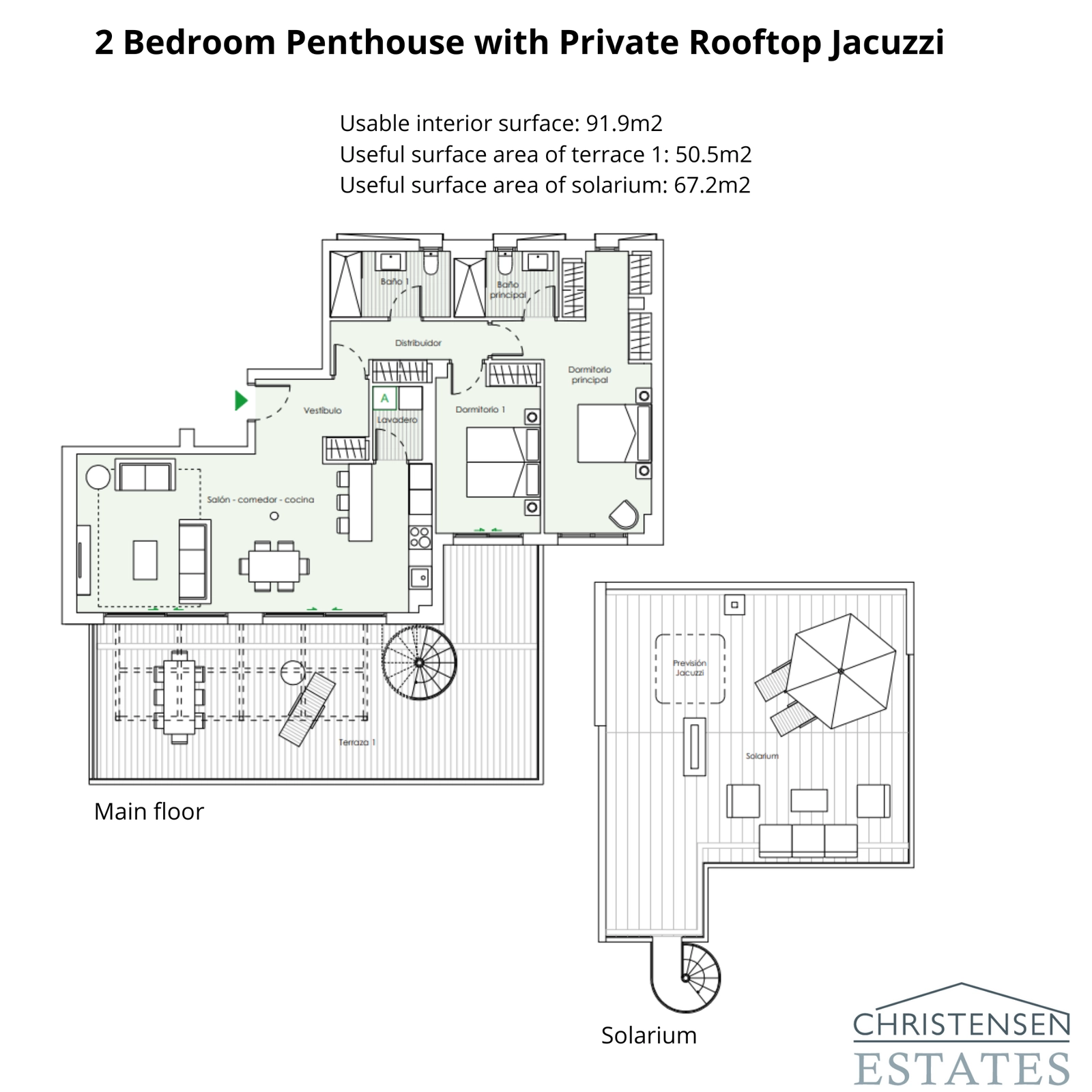 A superb two-bedroom penthouse design with a large terrace and a spiral staircase leading to a private rooftop solarium, perfect for entertaining.