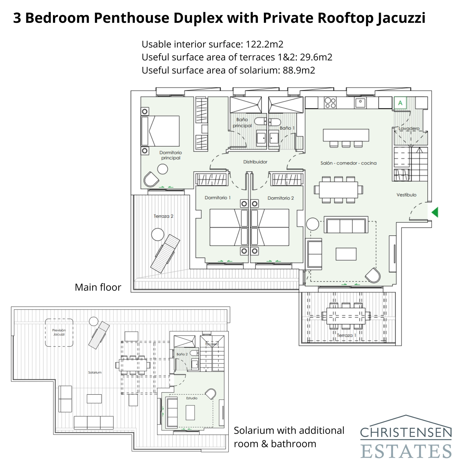 The layout of this stunning three-bedroom duplex penthouse reveals a spacious main floor and a magnificent rooftop solarium with an extra room and bathroom.