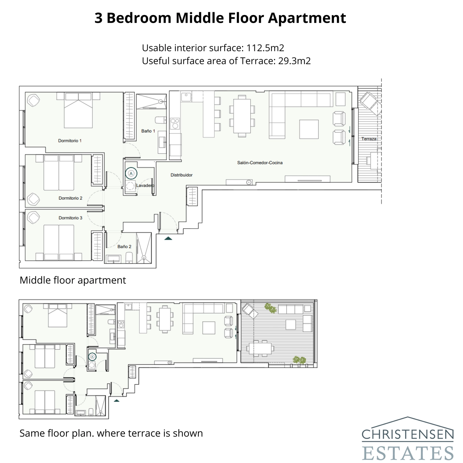 The floor plan for this three-bedroom home features a spacious living and dining area, three well-proportioned bedrooms, and a generous terrace perfect for enjoying the views.
