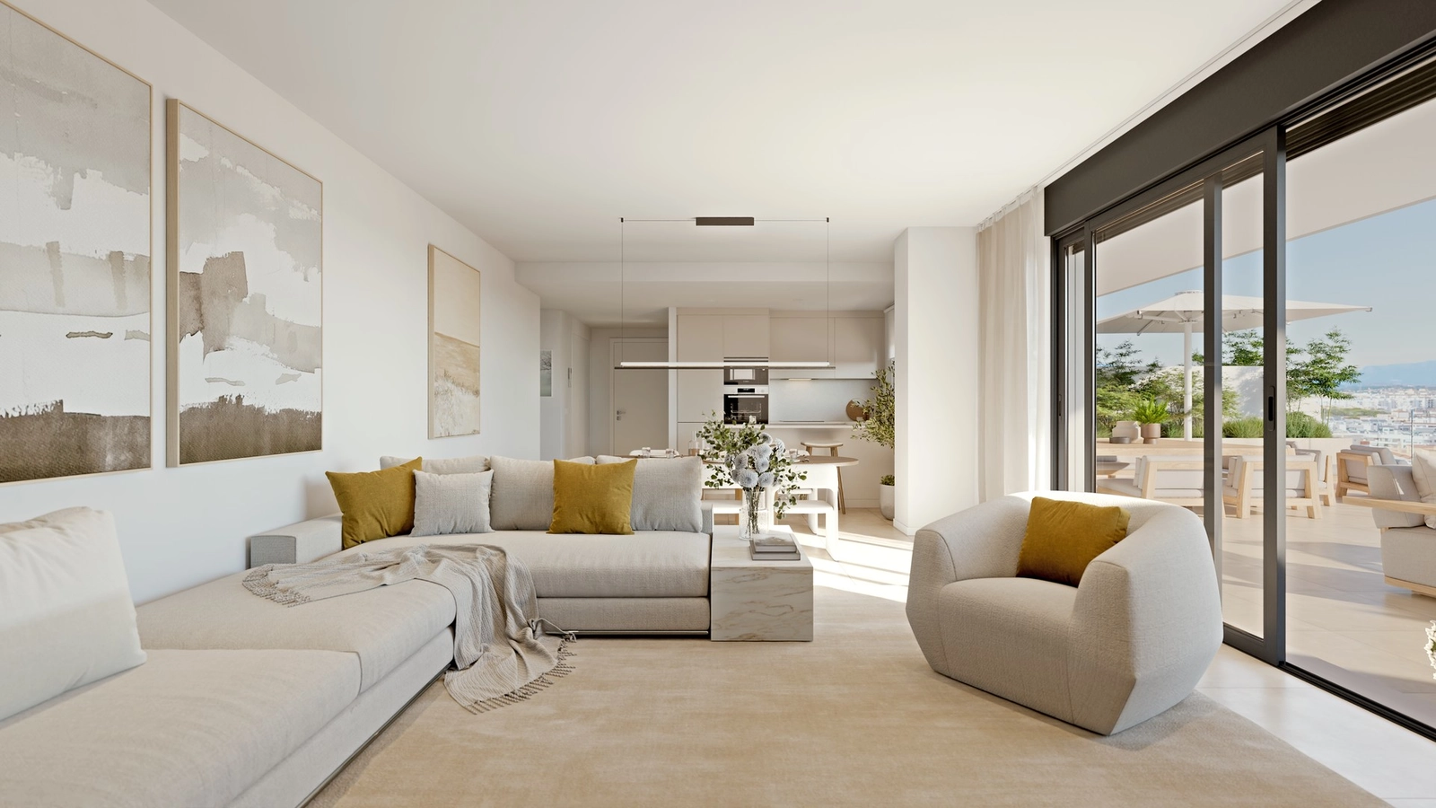 An elegant open-plan living room, designed for comfort and filled with natural light from the Costa del Sol.