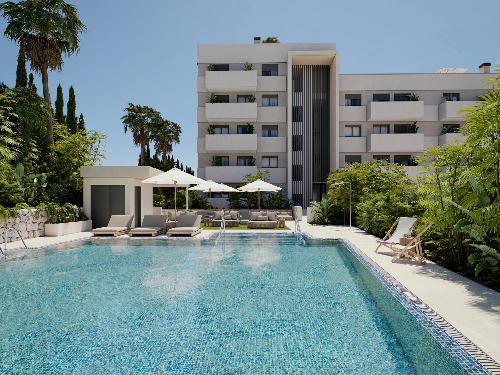 Relax by the beautiful communal salt-water pool, surrounded by lush, landscaped gardens.