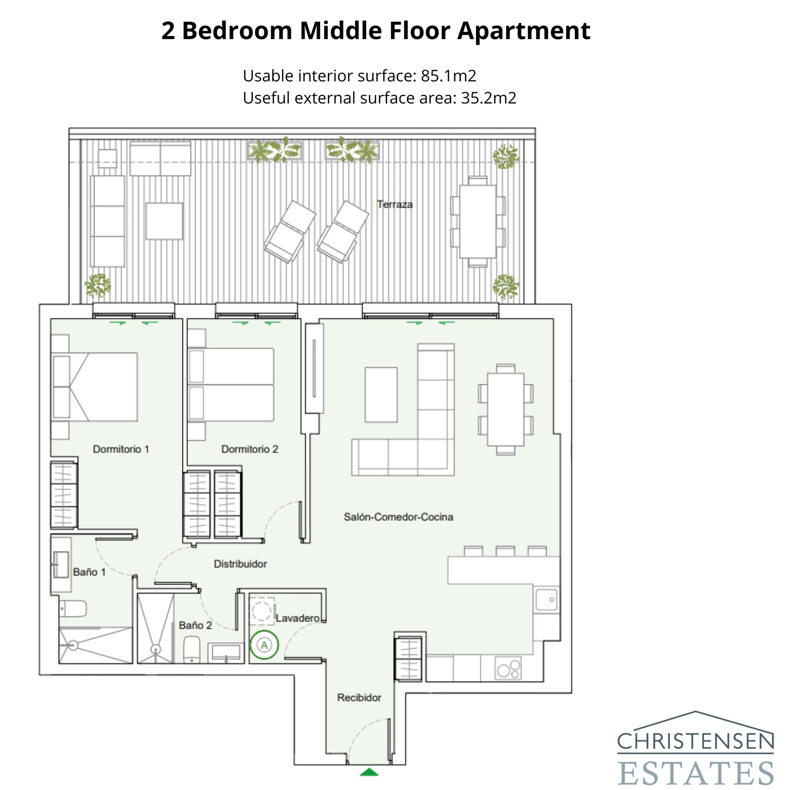 This two-bedroom layout shows a well-designed space with an open living area connecting to a large terrace, perfect for enjoying the views.