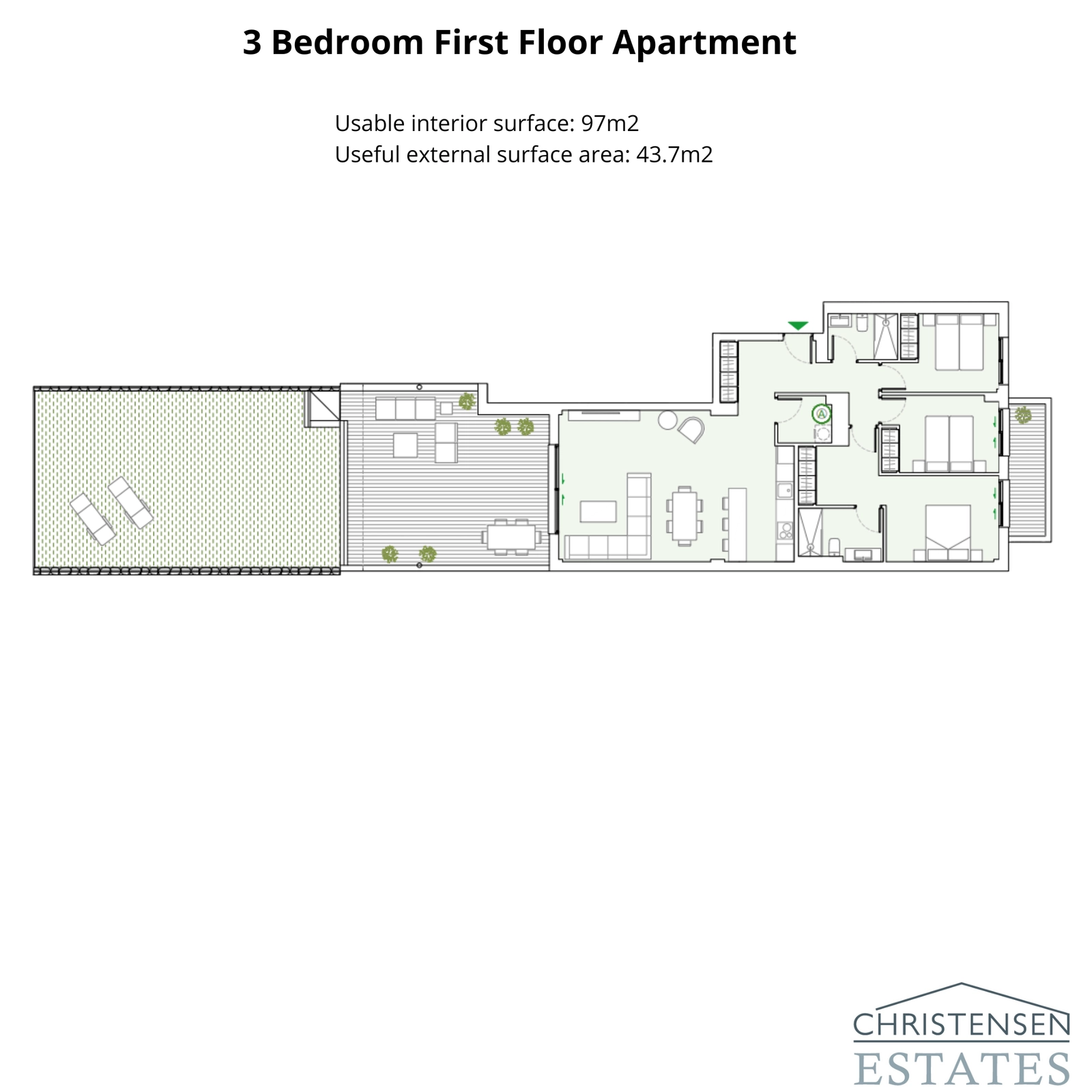 A spacious three-bedroom floor plan featuring an expansive terrace and garden, offering a seamless blend of indoor and outdoor living.