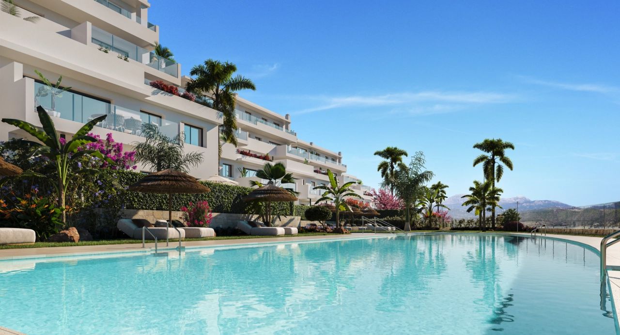 The communal pool and gardens create a beautiful, tranquil oasis for residents to enjoy.