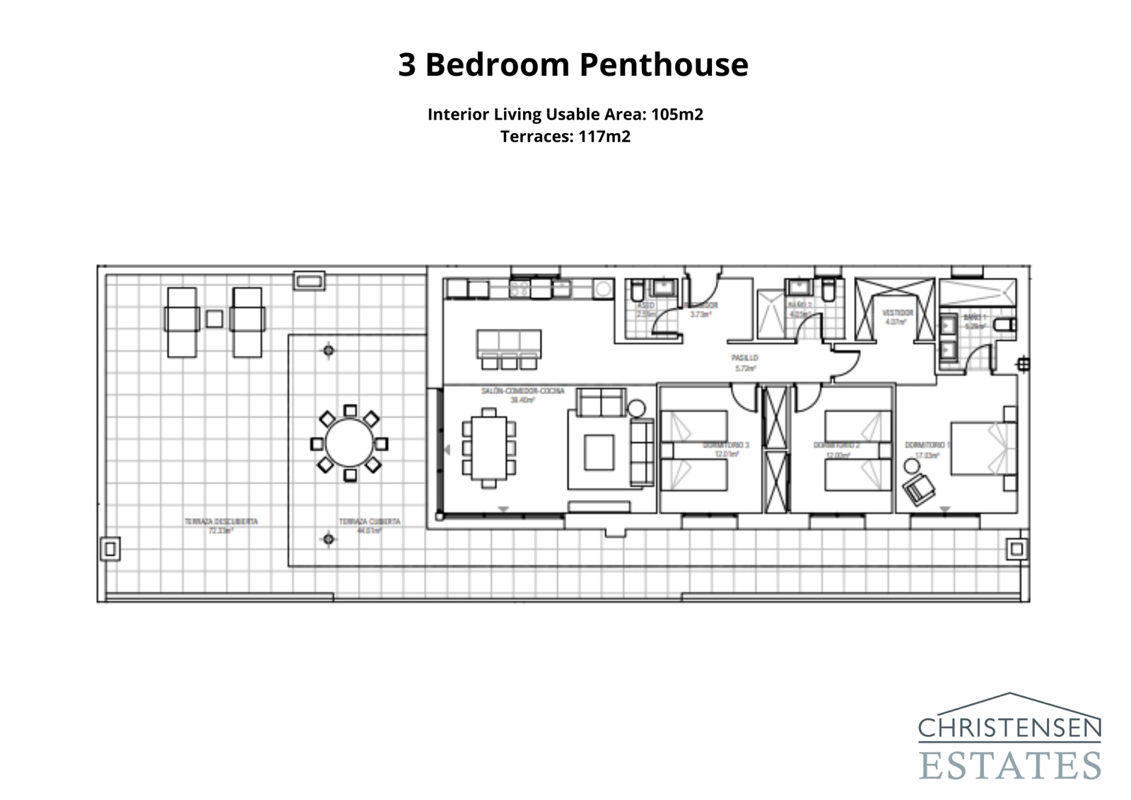The three-bedroom penthouse layout features expansive living spaces and an impressive rooftop terrace, designed for privacy and to maximize the stunning panoramic views.