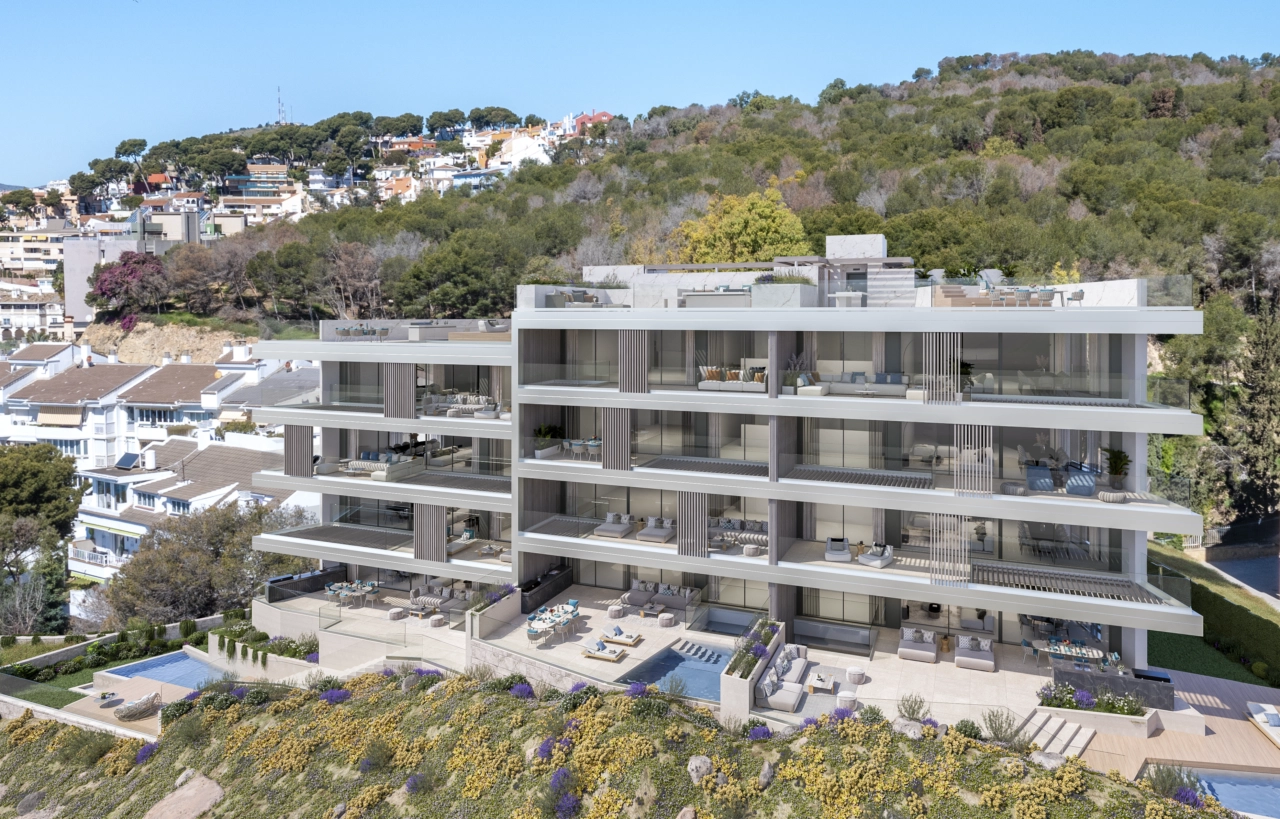 A view of the development, showcasing its privileged position surrounded by nature with views of the Mediterranean.