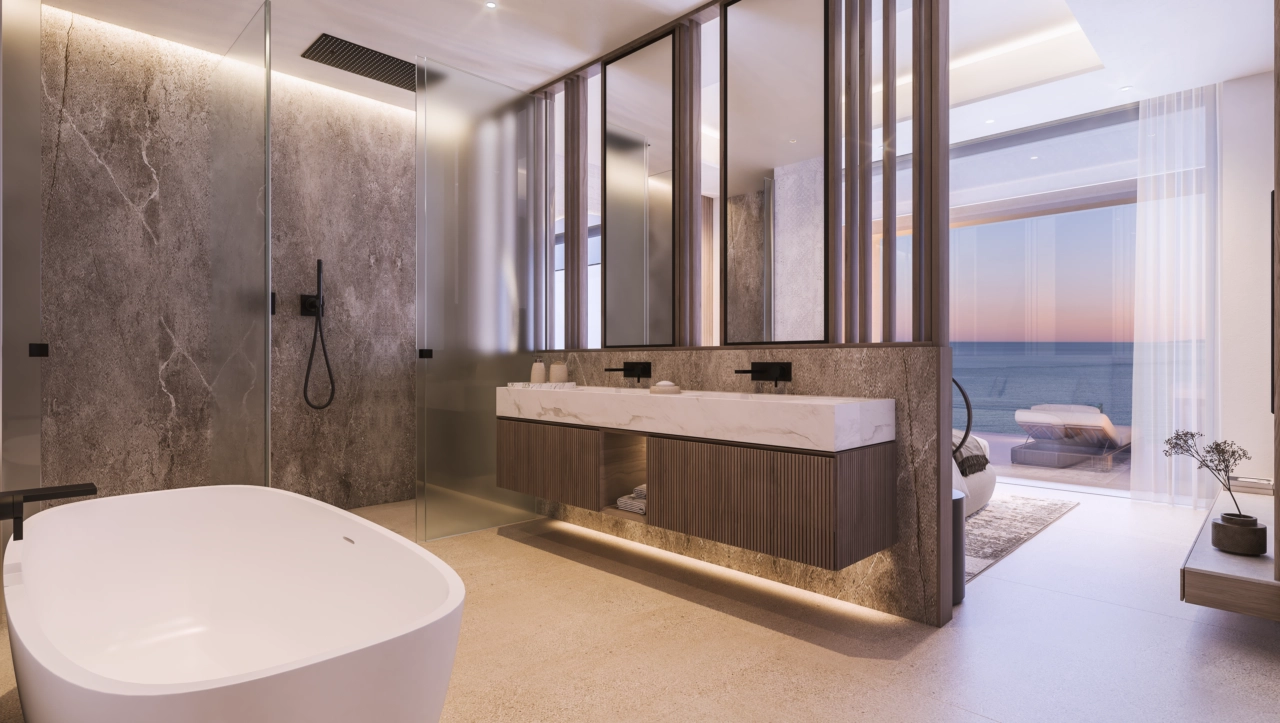 Elegant bathrooms feature high-quality materials, modern fixtures, and thoughtful design for a spa-like experience.