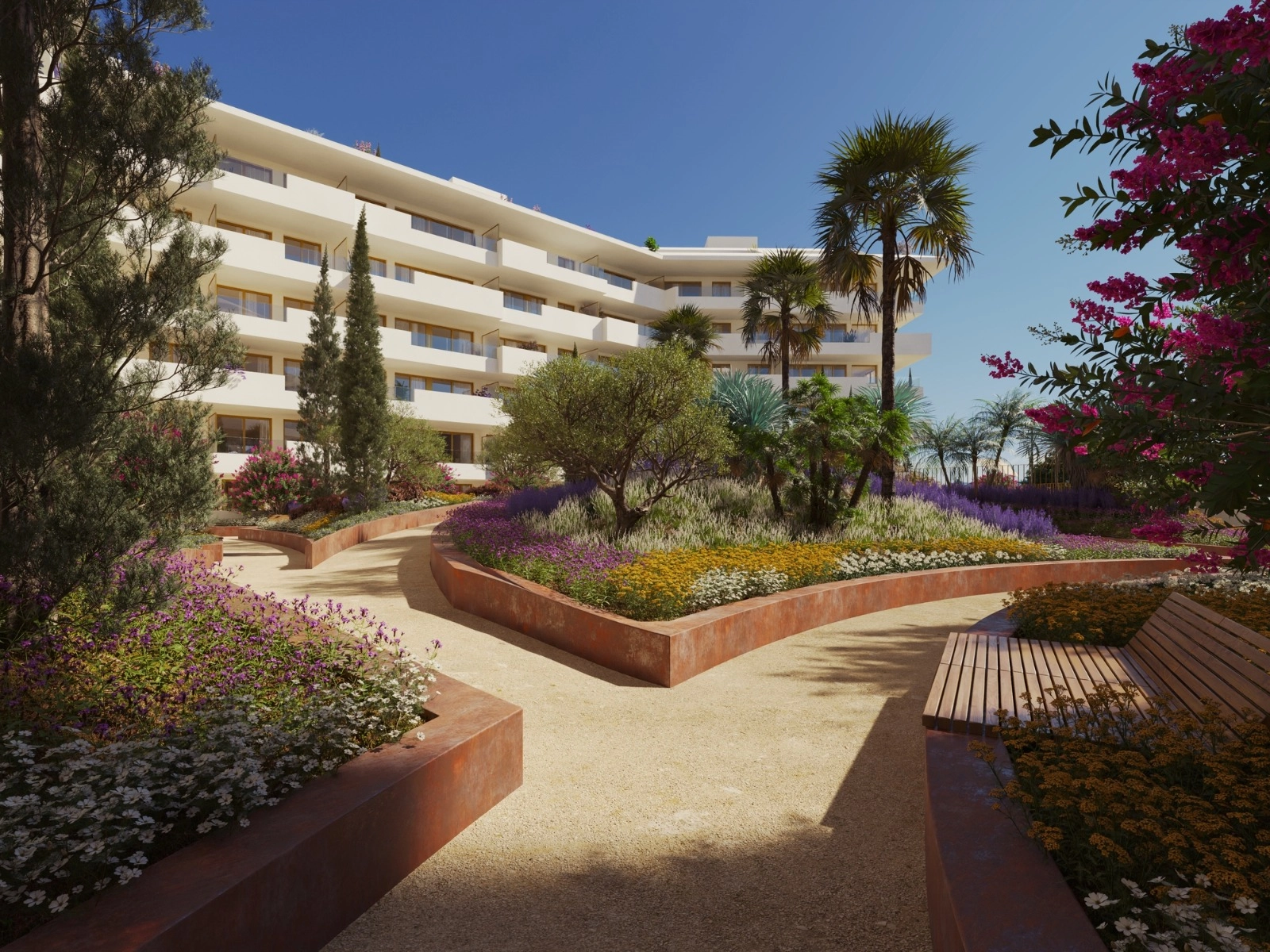 Beautifully landscaped gardens offer residents peaceful pathways and spaces to relax in nature.