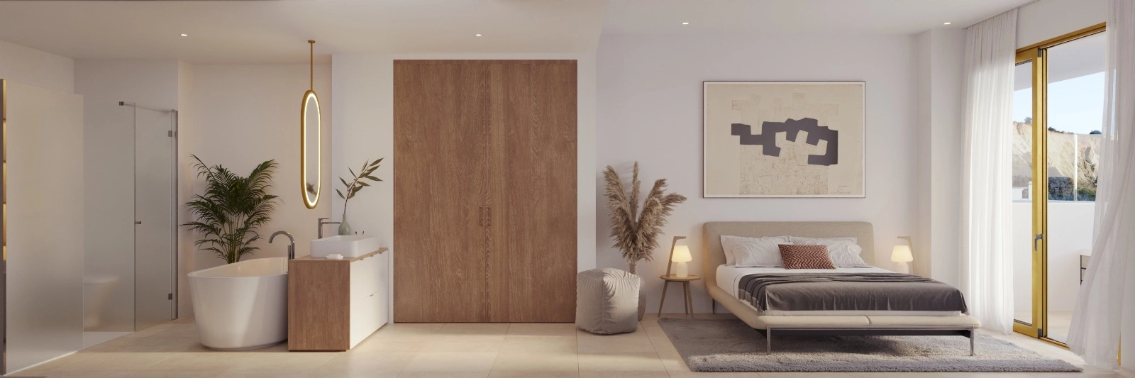 The master bedroom suite offers a serene retreat with an elegant, open-plan bathroom design.