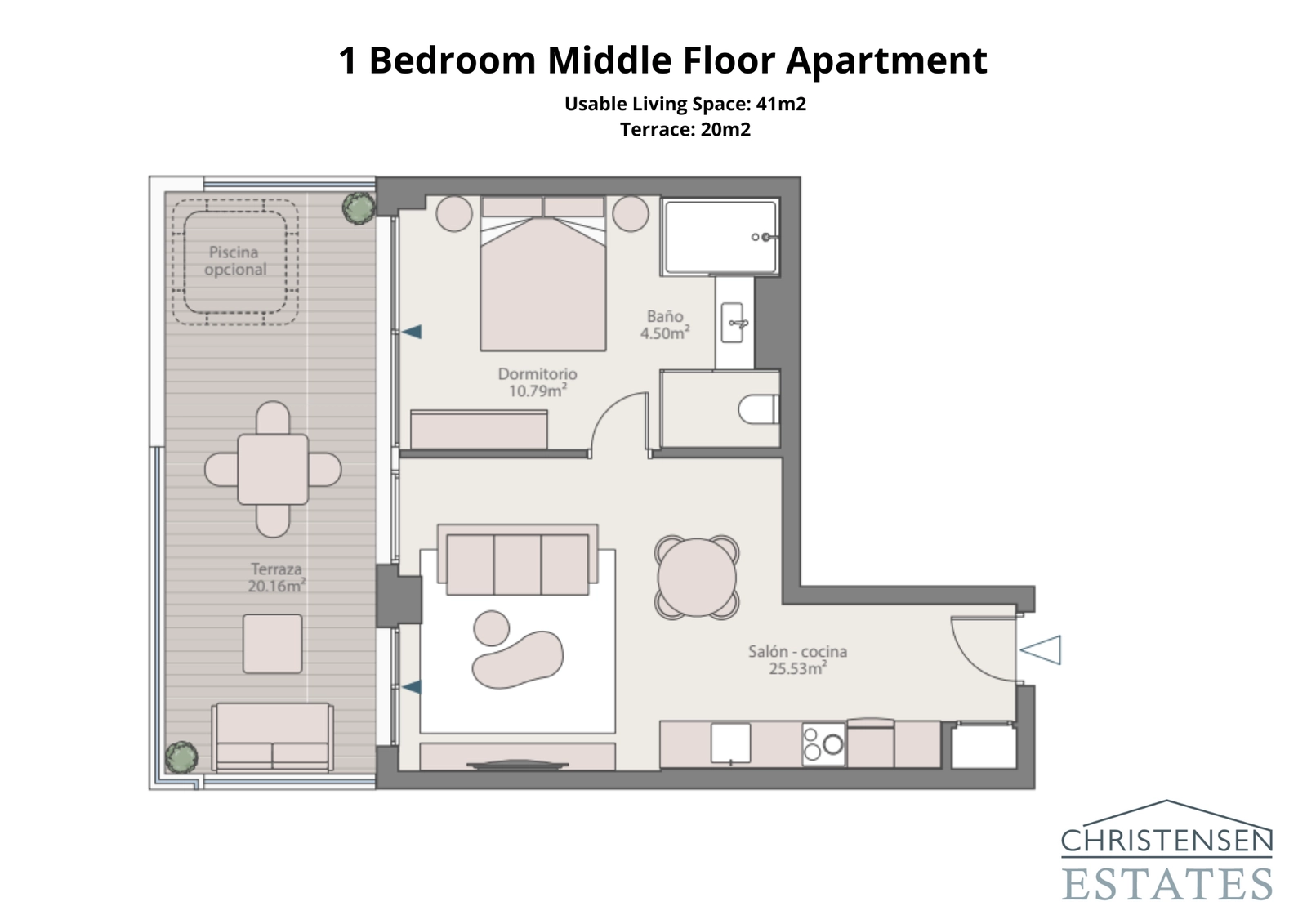 This one-bedroom layout is designed for comfort, with a bright living area that extends onto a generous 20m² terrace.