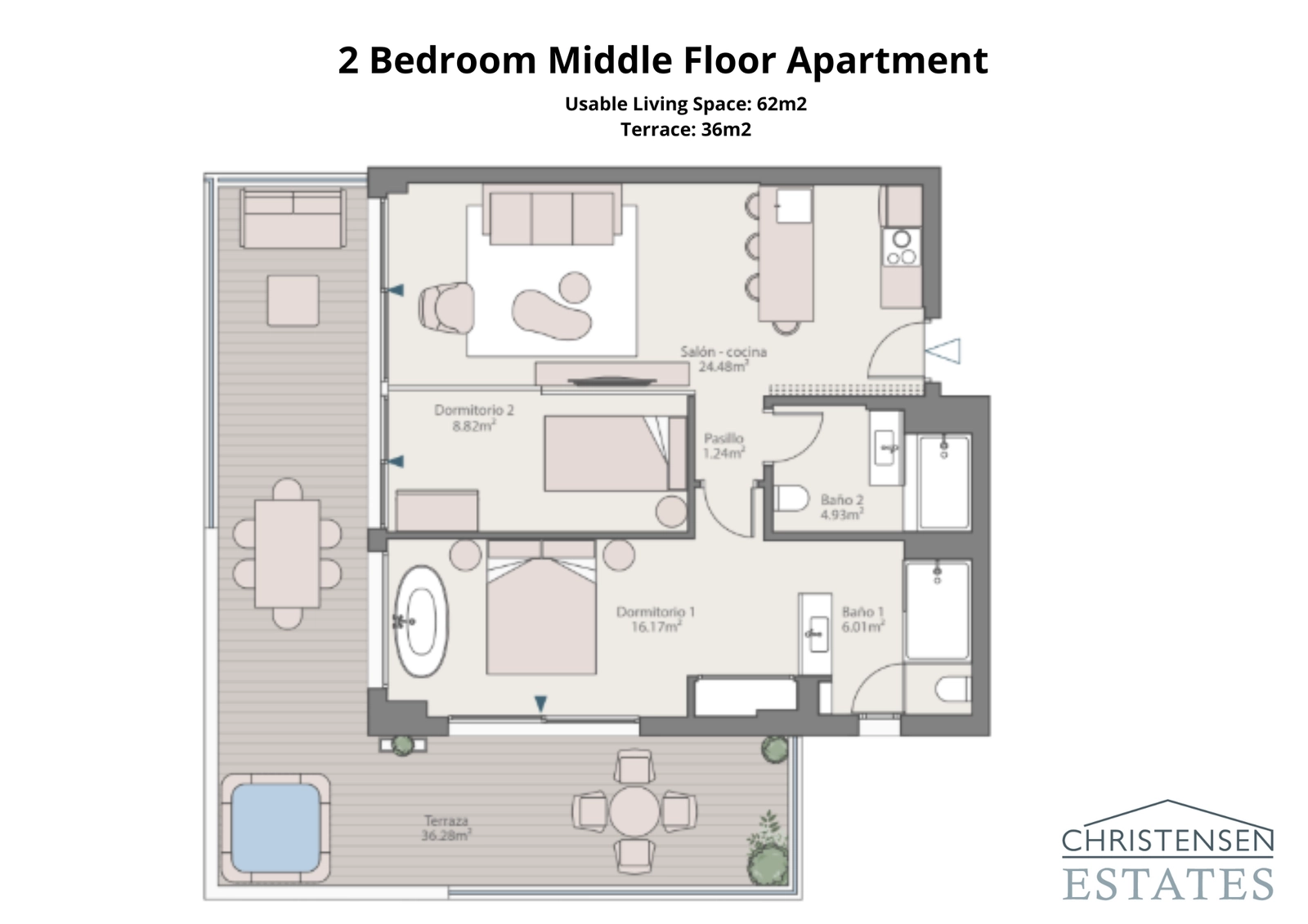 This smart two-bedroom floor plan features two bathrooms and an expansive terrace, ideal for outdoor dining and relaxation.