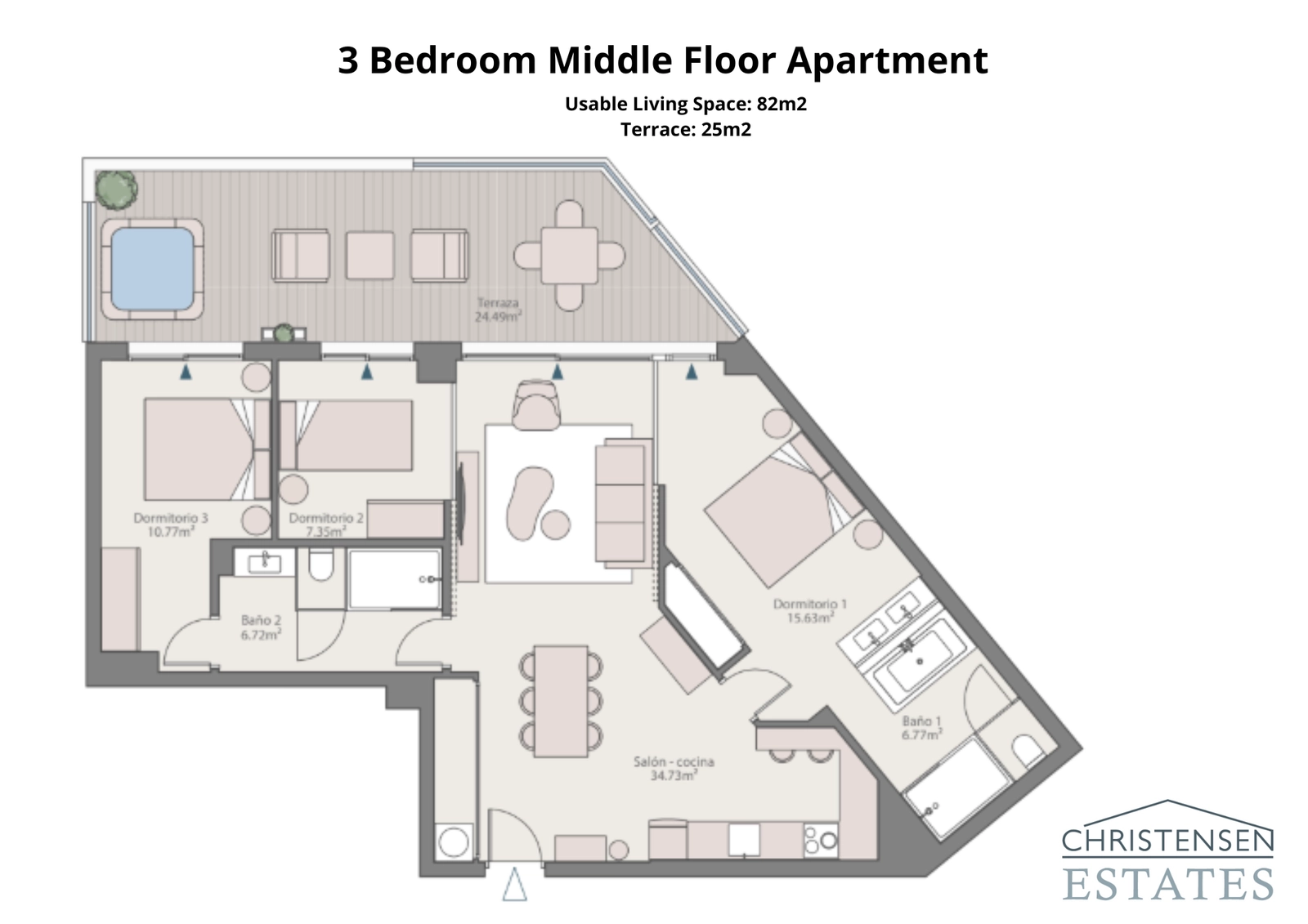 An expansive three-bedroom home with a large open-plan living and kitchen area, connected to a wide terrace for family enjoyment.
