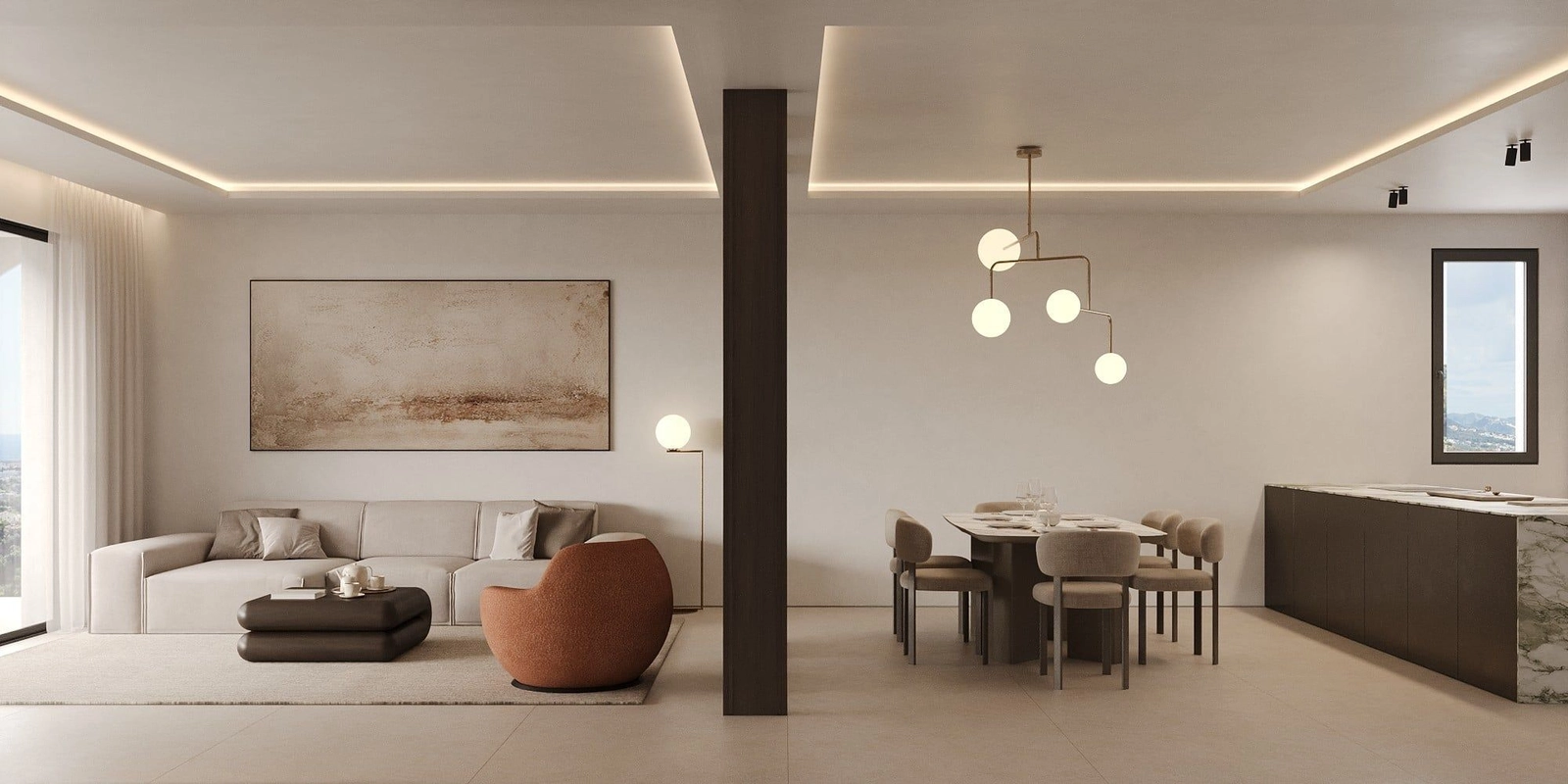 Open-plan interiors create a sense of space and light, ideal for contemporary living.