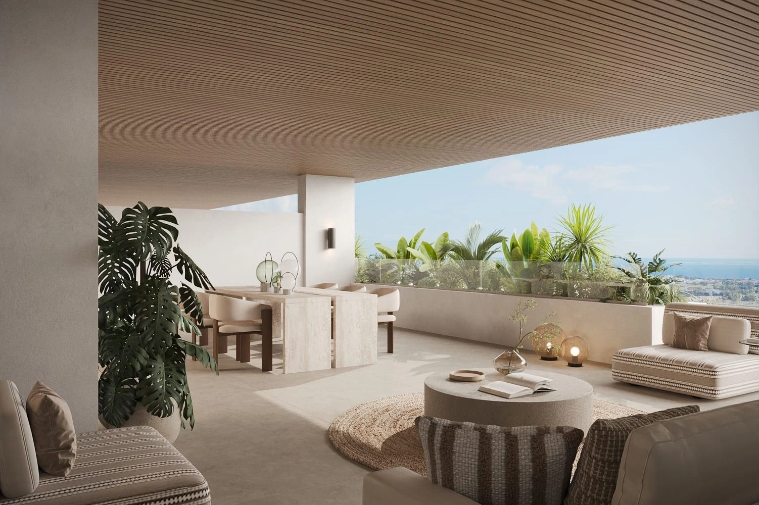 Generous covered terraces provide the perfect setting for dining or relaxing outdoors.
