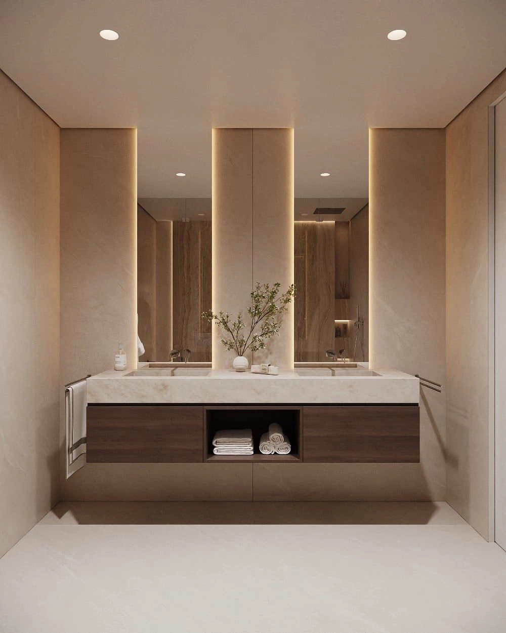 A beautifully appointed bathroom featuring a double vanity and high-quality materials.