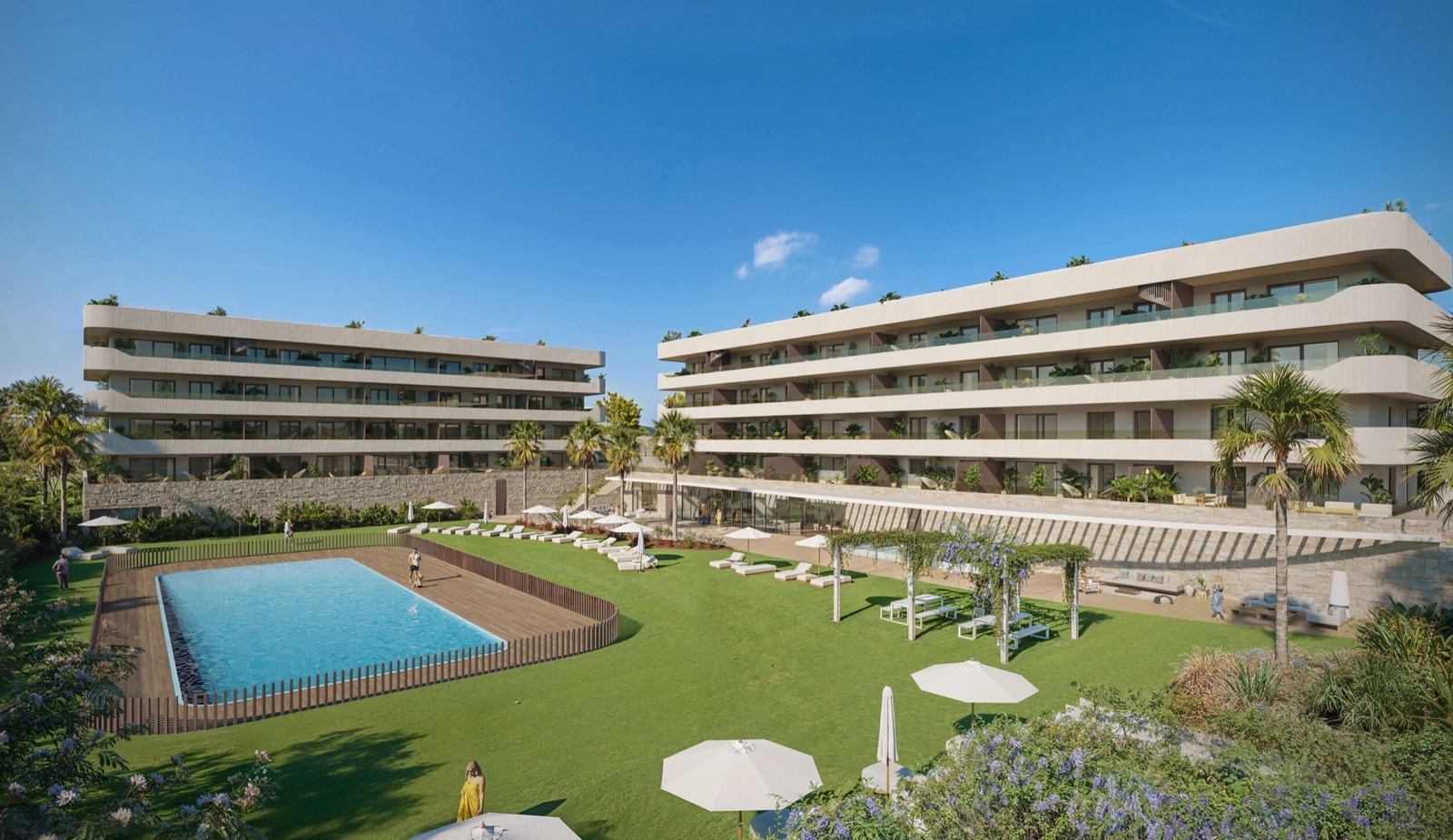 The residence features stunning modern architecture surrounded by green lawns and a large central pool.