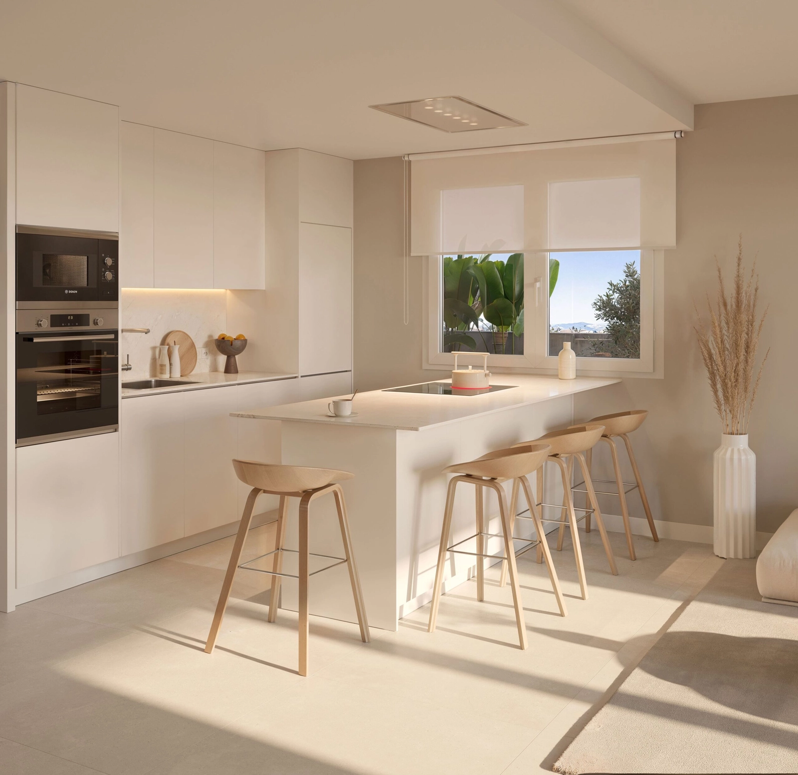 A sleek, modern kitchen fully equipped with high-quality appliances and an inviting breakfast island.