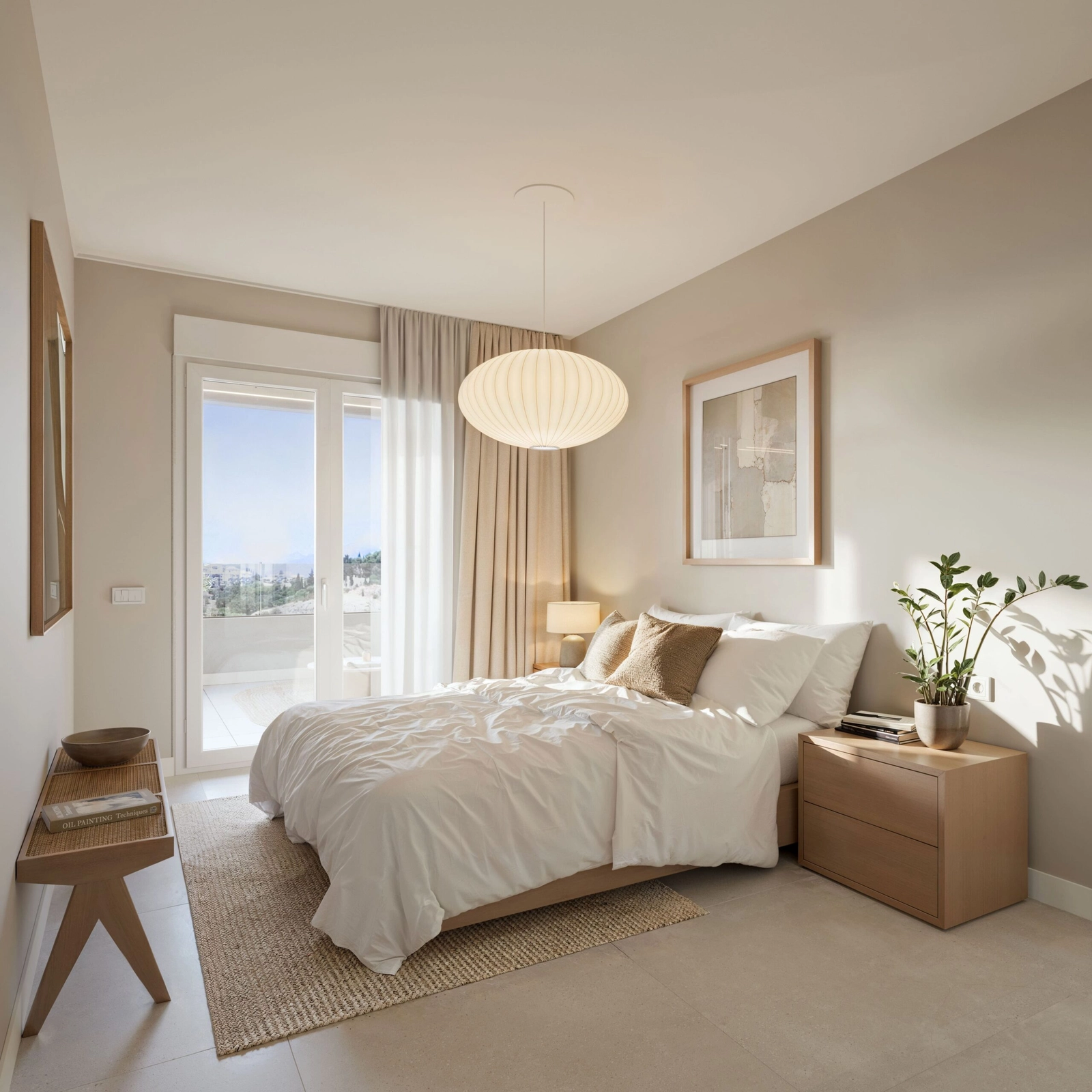 A serene and comfortable bedroom with direct access to a private terrace.