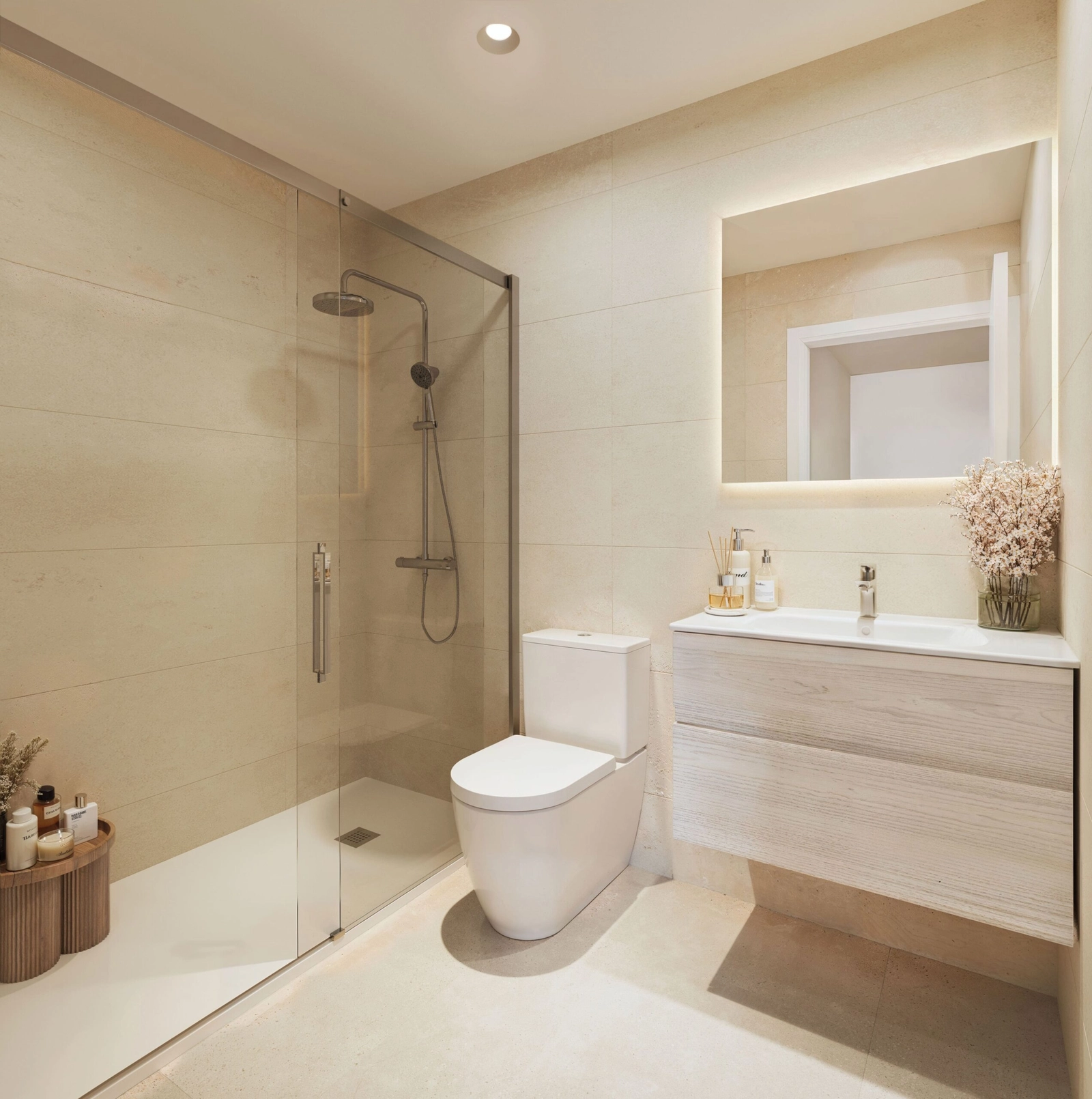 A stylish bathroom featuring a walk-in shower and contemporary design details.