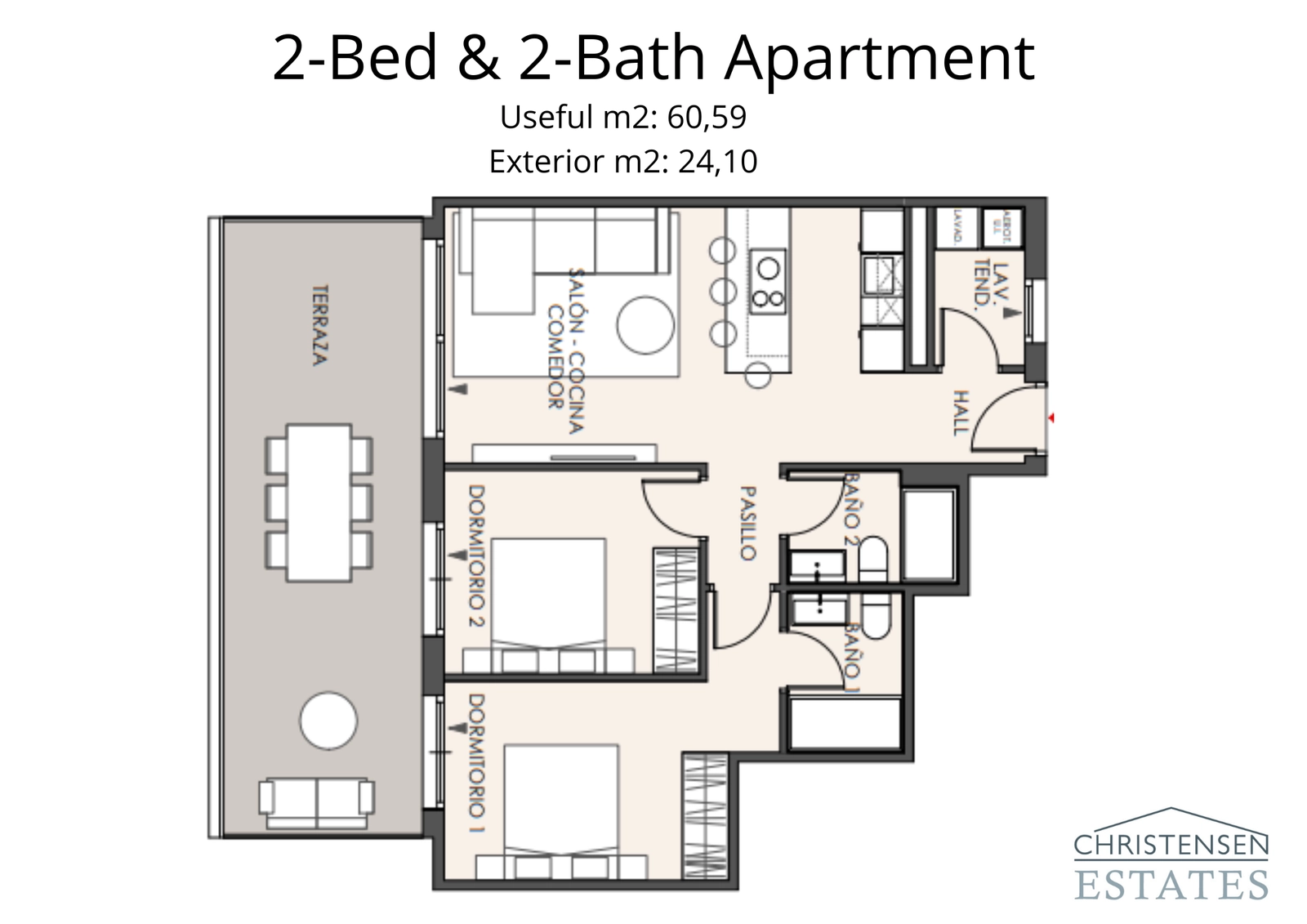 Floor plan for a two-bedroom residence, showing a functional layout with an open-plan living area and a large terrace.